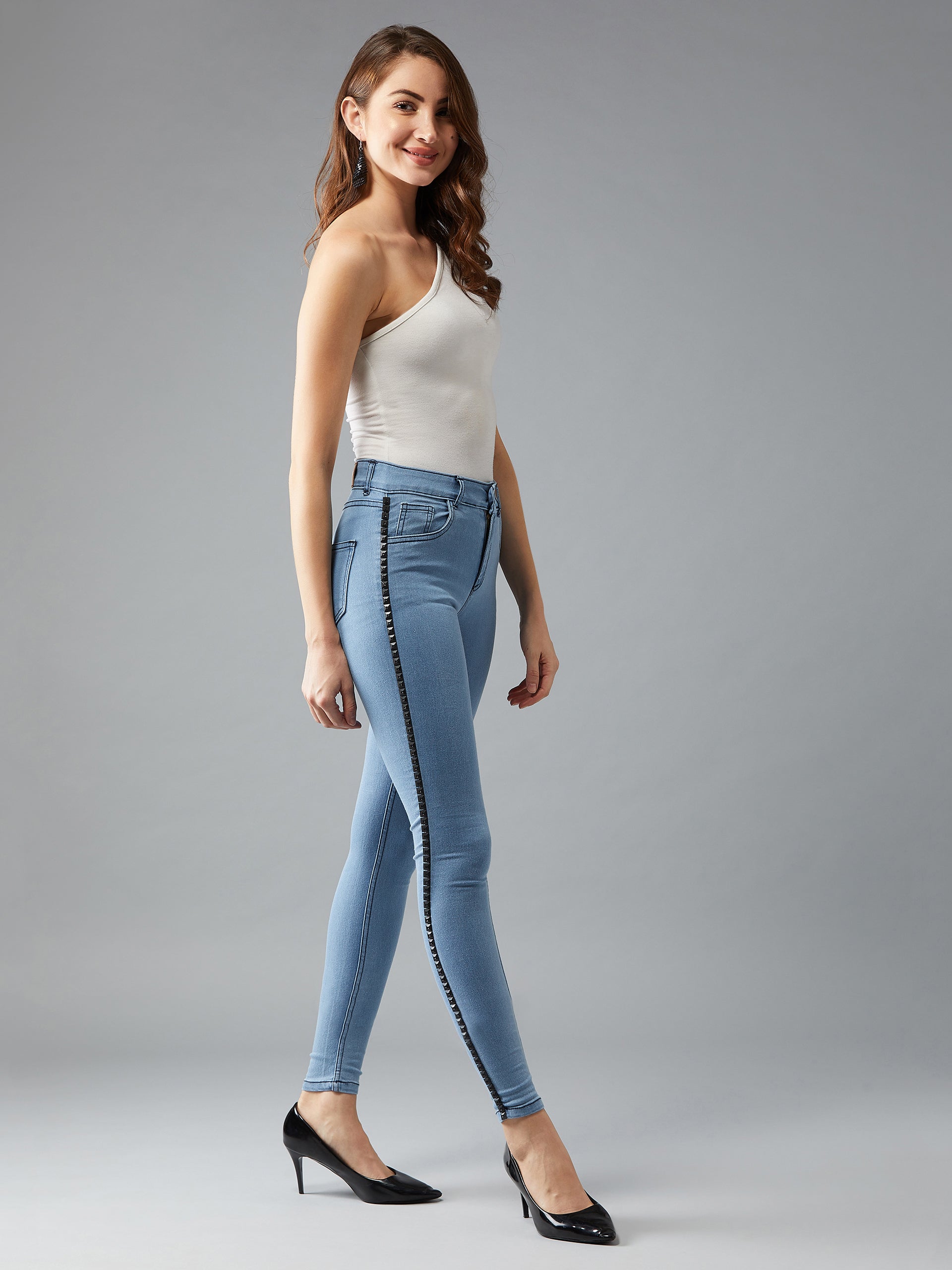 Women's Light Blue Skinny Mid-Rise Metal Tape Detailing Stretchable Denim Jeans