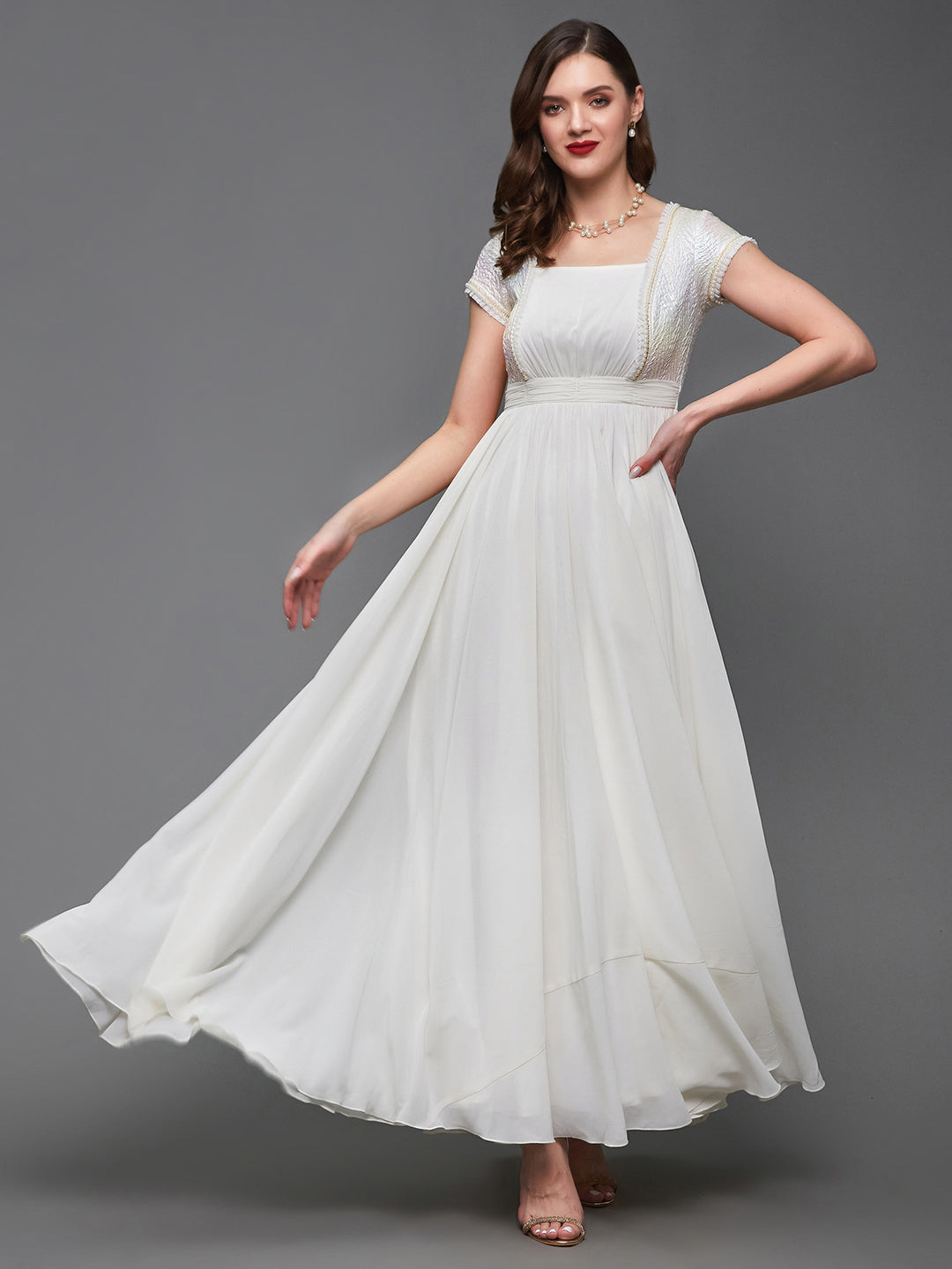 Women's Off White Square Neck Frilled Self Designed Panelled Georgette Maxi Dress