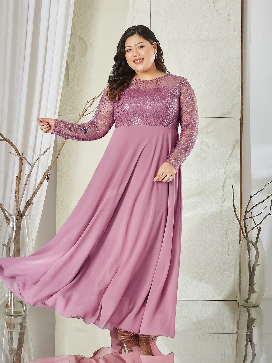 Dusty Lavender Solid Embellished Maxi Dress for Women