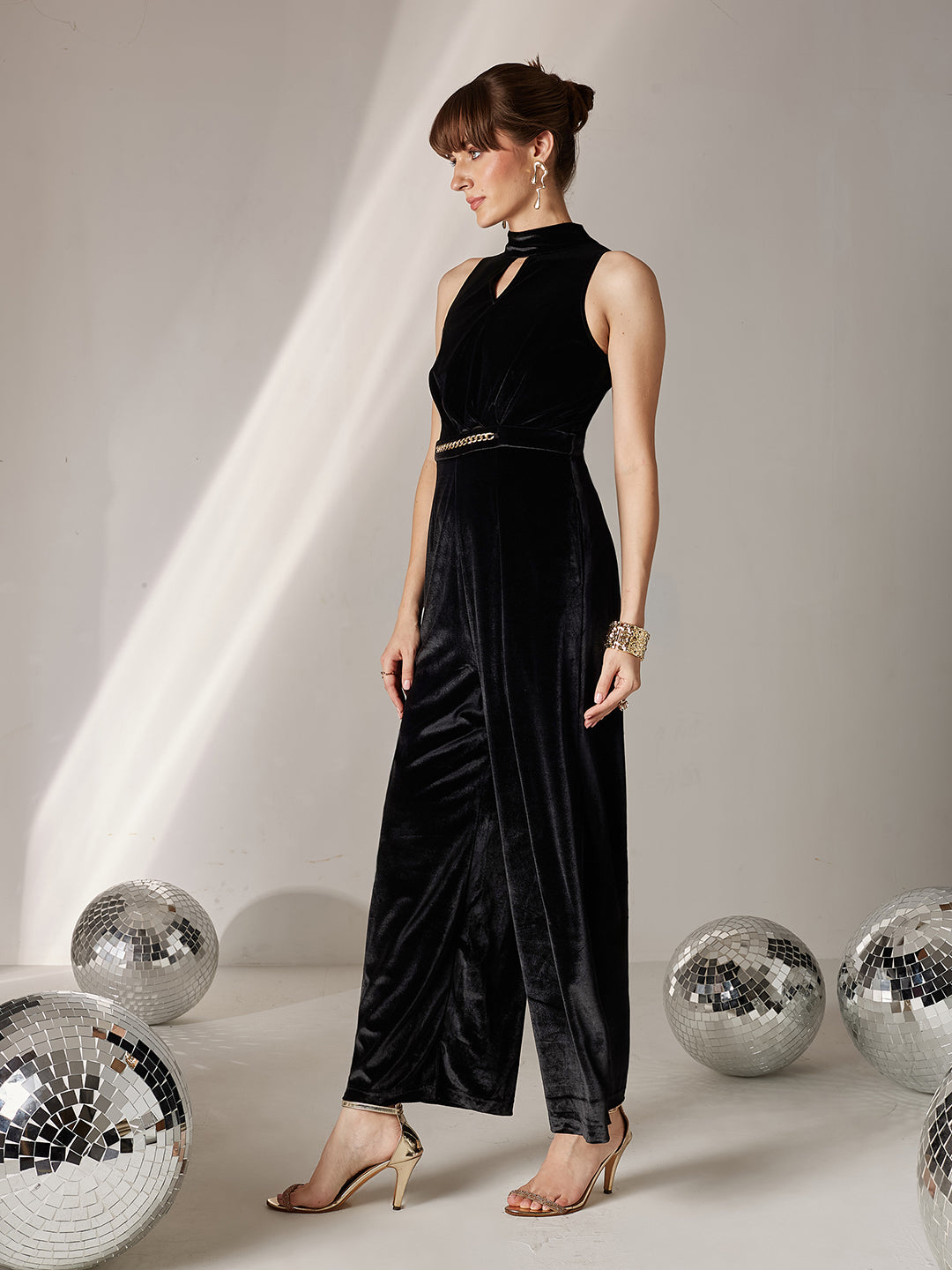 Women's Black Choker Neck Sleeveless Solid Pleated Regular Jumpsuit