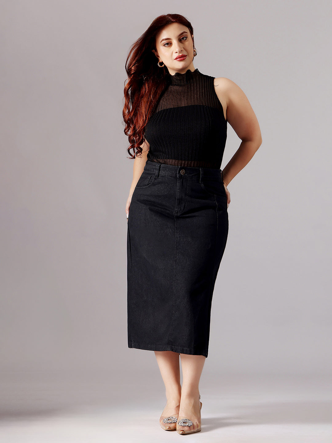 Black Straight-Fit High-Rise Stretchable Denim Midi Skirt for Women