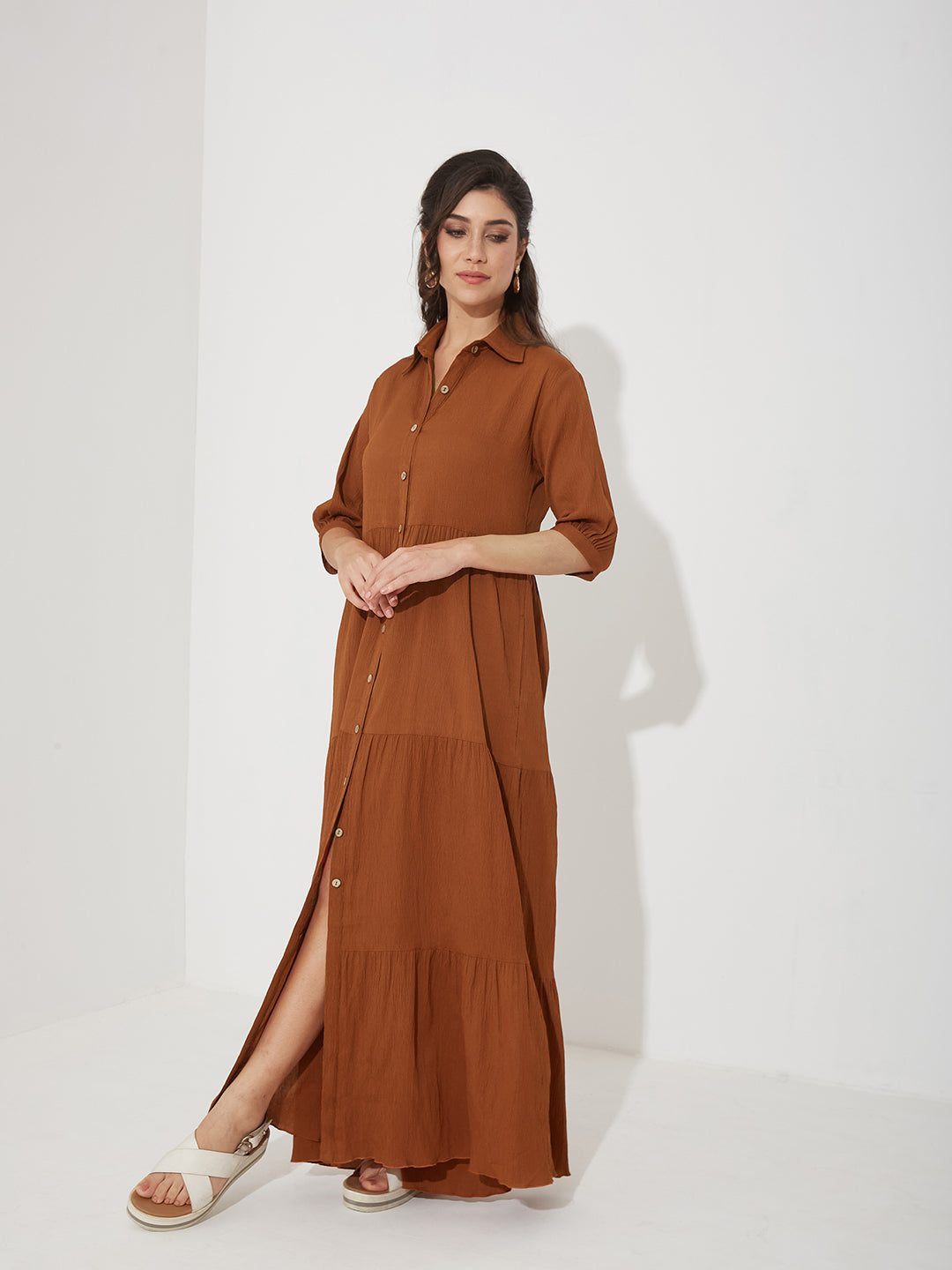Rust Solid Polyester Shirt Maxi Dress with Bishop Sleeves and Tiered Hem for Women