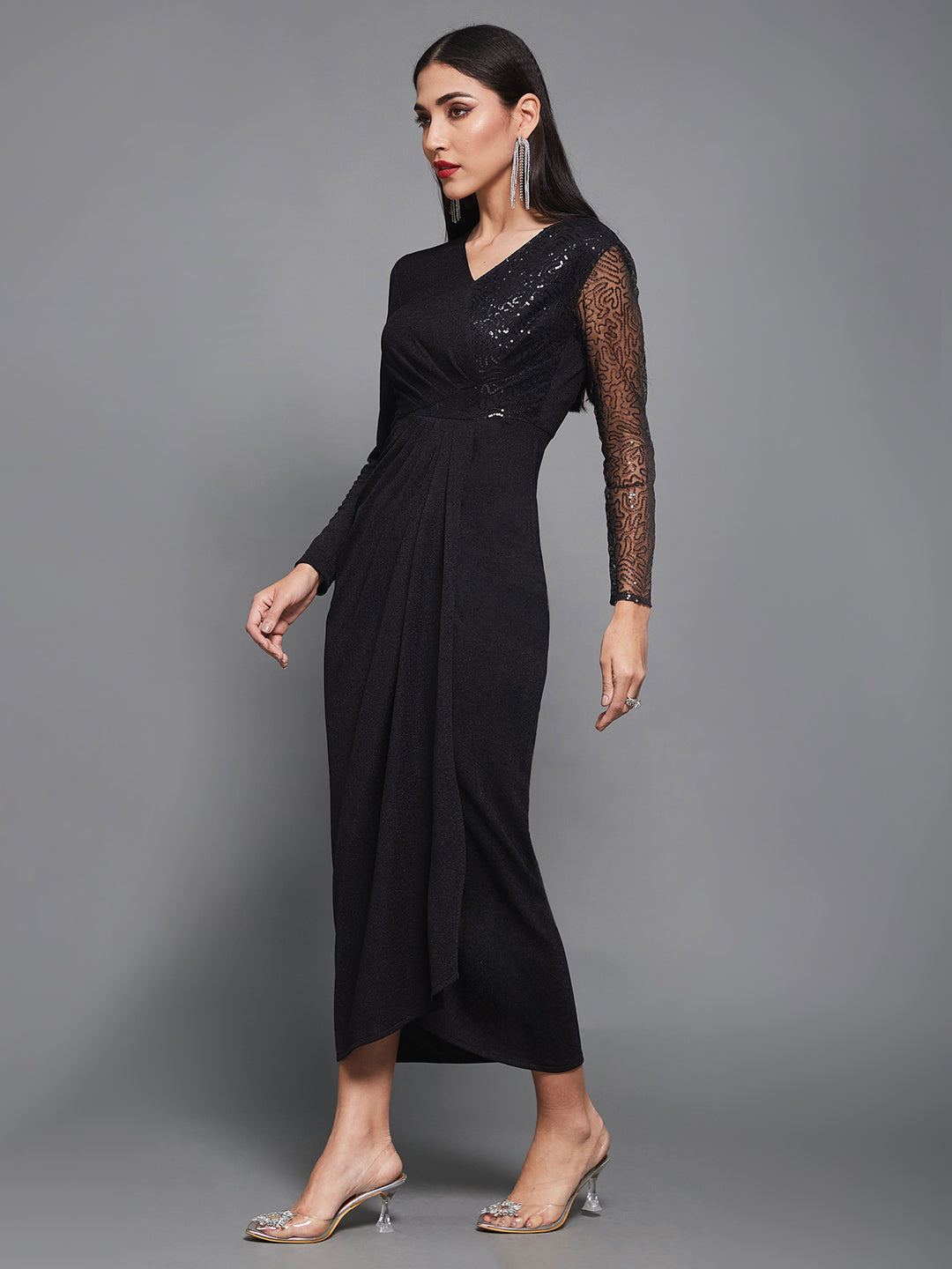 Black Sequinned Longline Maxi Dress Long Dress Frock for Women