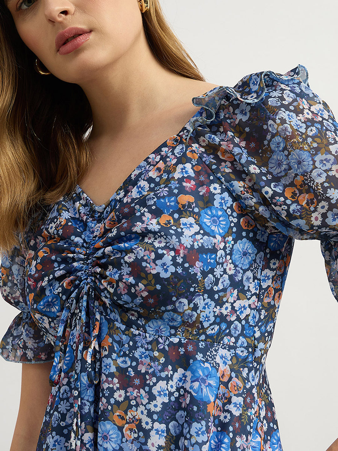 Women's Multicolored-Base-Navy Blue V-Neck Puff Sleeve Floral Ruching Ankle-Length Dress