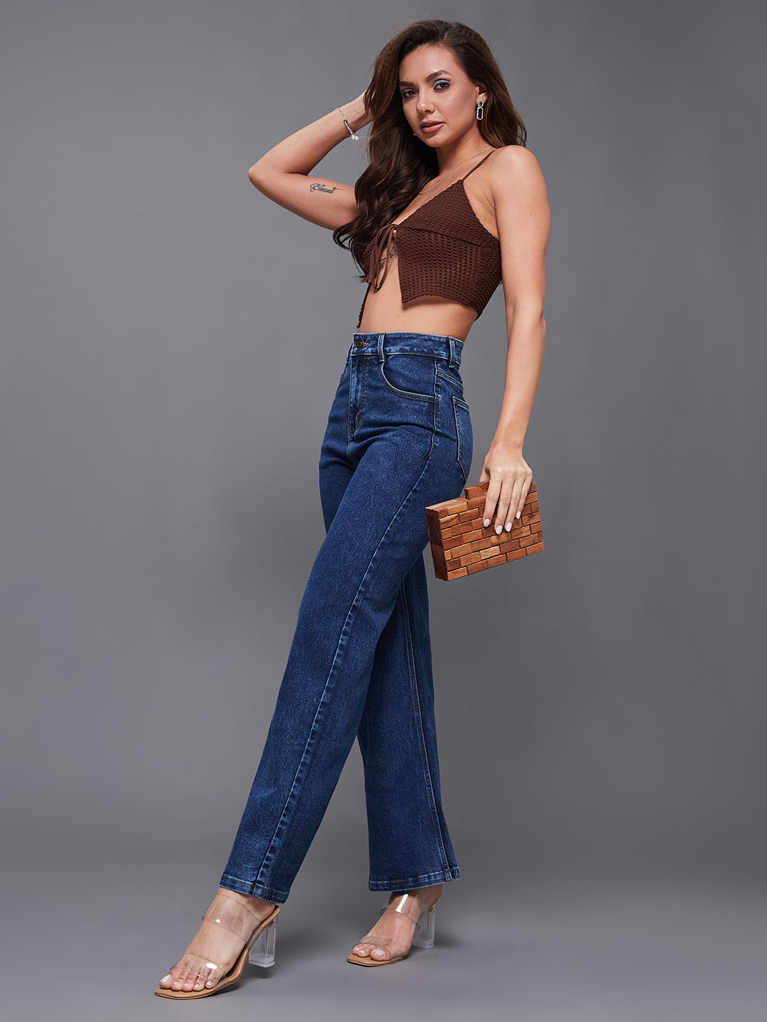 24/7 Comfort Mid-Blue Wide-Leg High-Rise Stretchable Denim Jeans