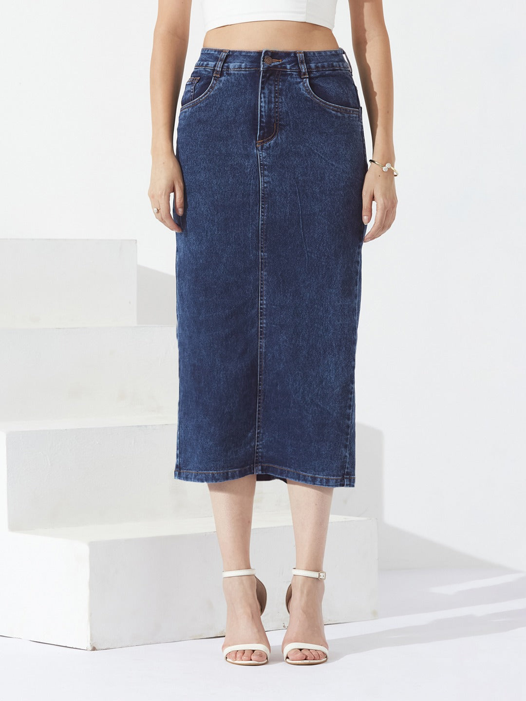 CHASEshape™ Light-Shaping Dark Blue High-Rise Stretchable Denim Midi Skirt with Back Slit for Women