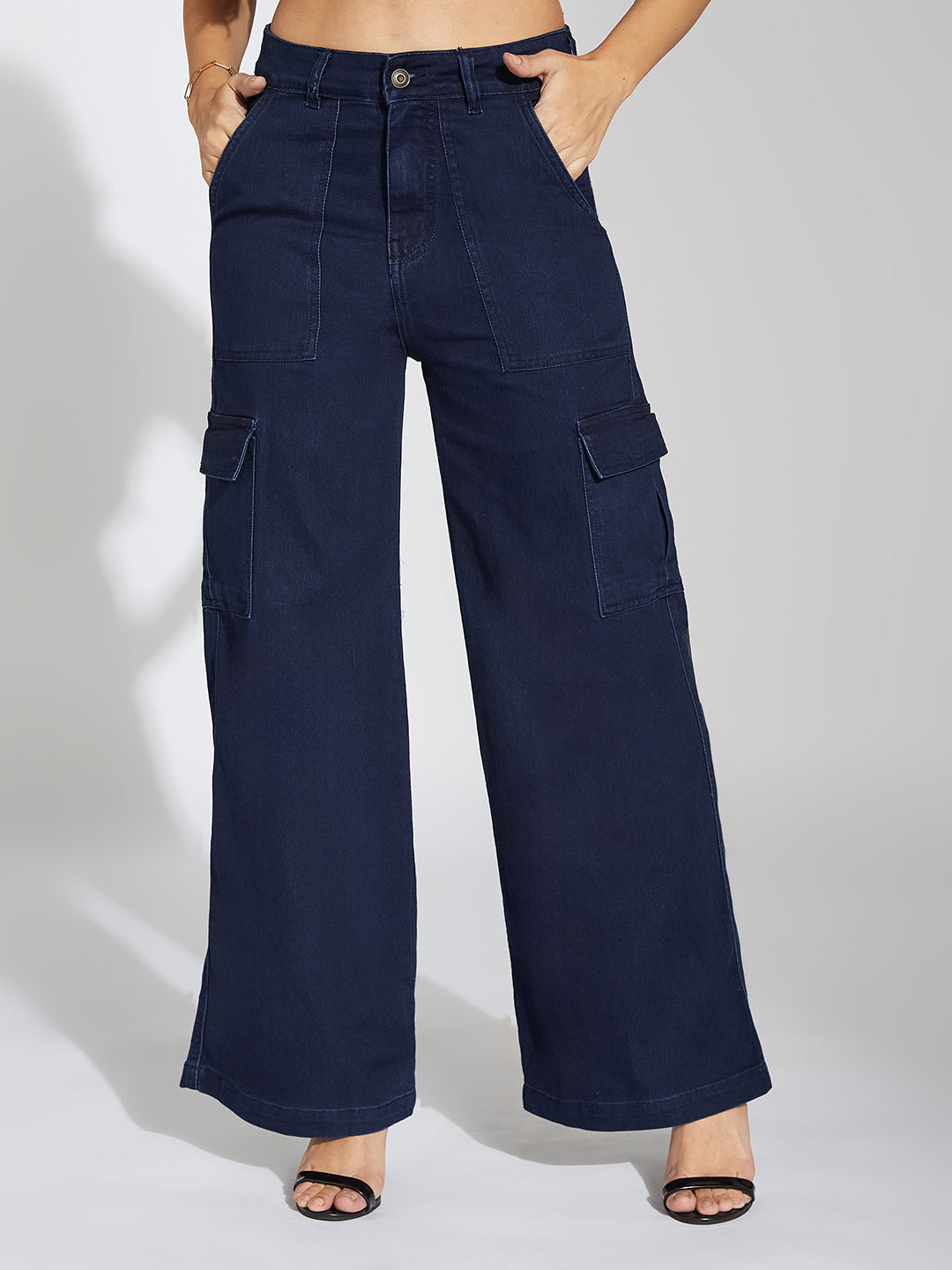 Women's Navy Blue Wide-Leg High-Rise Clean-Look Stretchable Denim Cargo Jeans