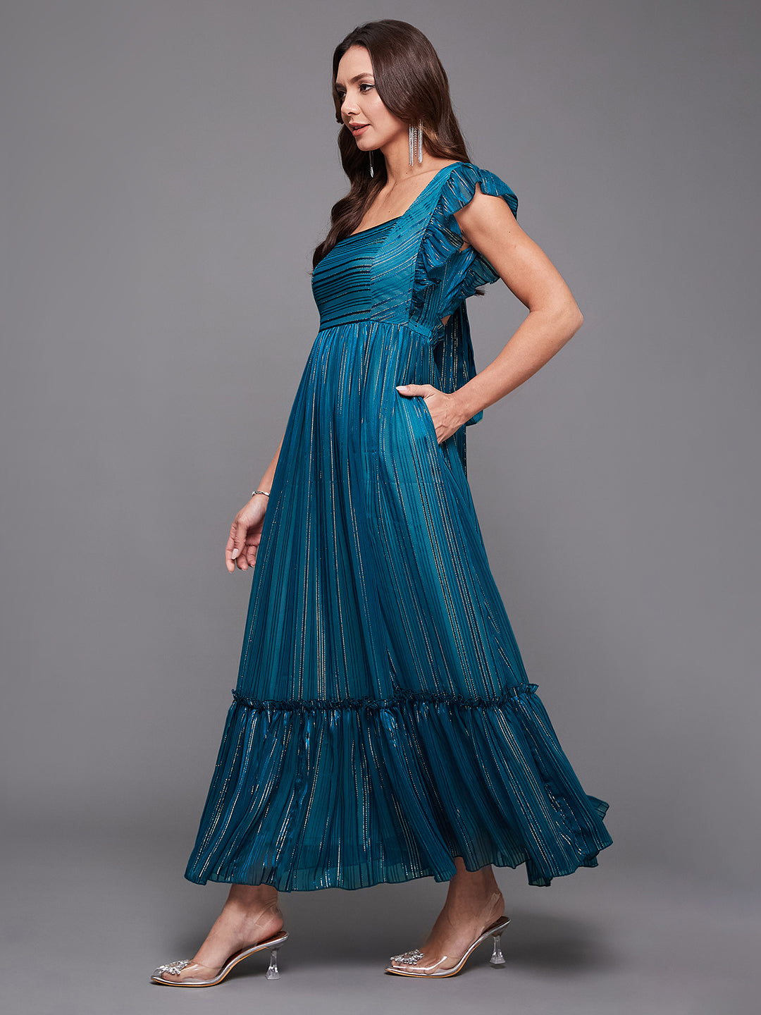 Teal Ruffled Sleeves Shimmery Maxi Dress Long Dress Frock