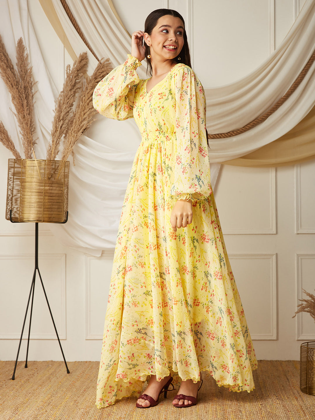 Multicolored-Base-Lime Yellow V-Neck Bishop Sleeve Floral Gathered Chiffon Maxi Dress for Women