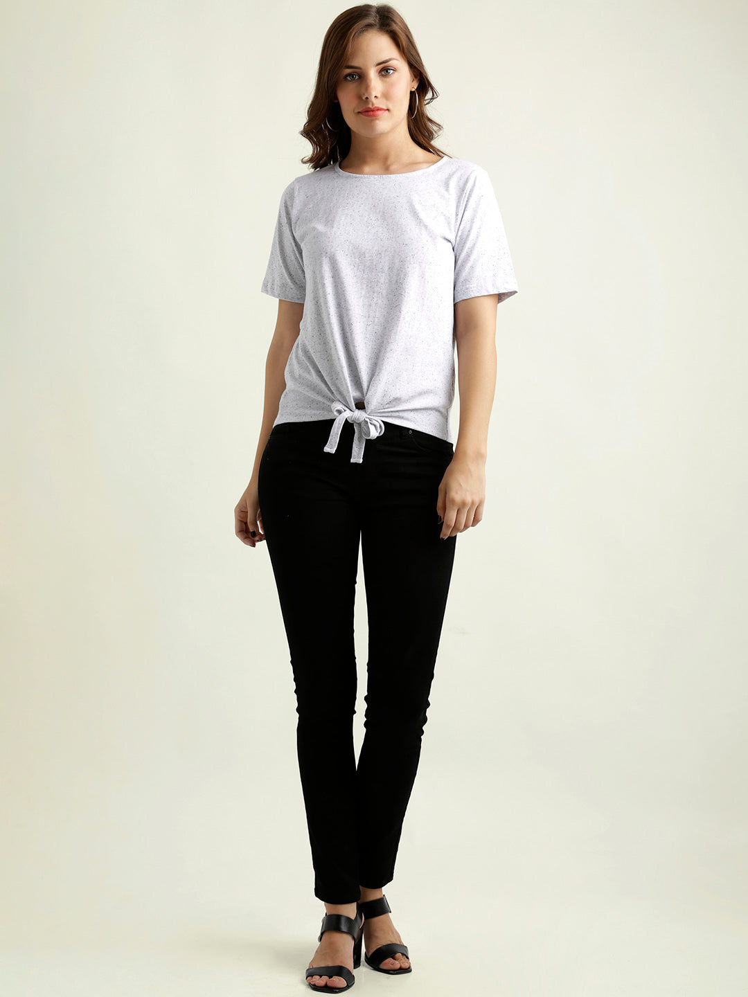 Women's Grey Round Neck Half Sleeves Solid Knotted Textured Top