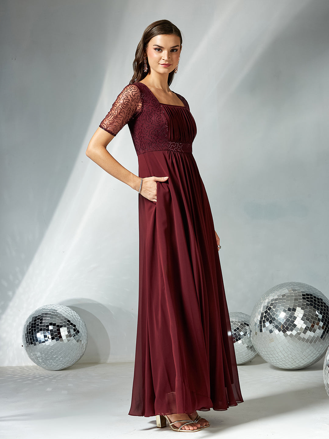 Women's Wine Square Neck Half Sleeve Solid Embellished Maxi Dress