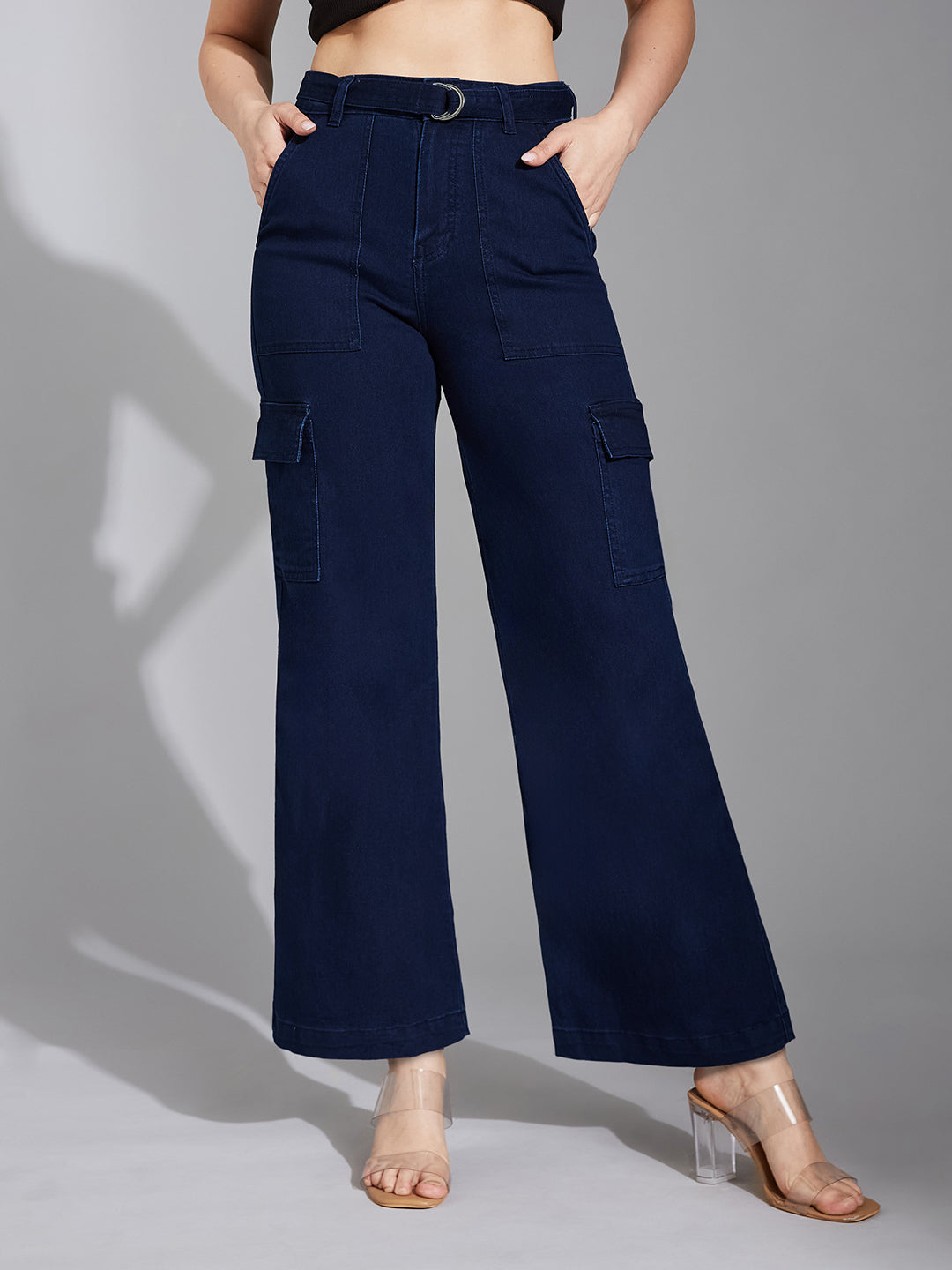Women's Navy Blue Wide-Leg High-Rise Clean-Look Regular Stretchable Cargo Denim Jeans