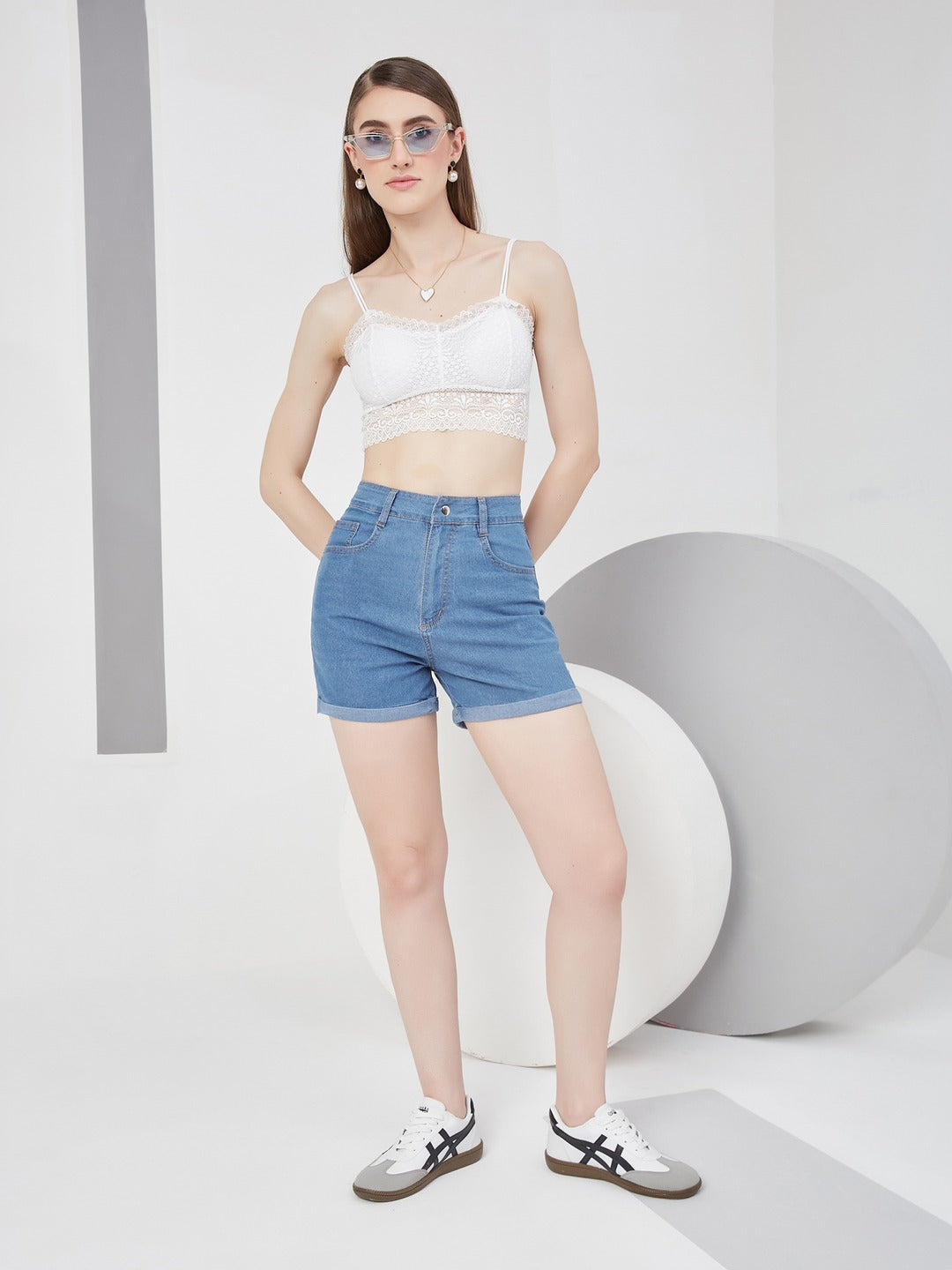 Blue Relaxed Fit Mid Rise Light Weight Denim Shorts for Women