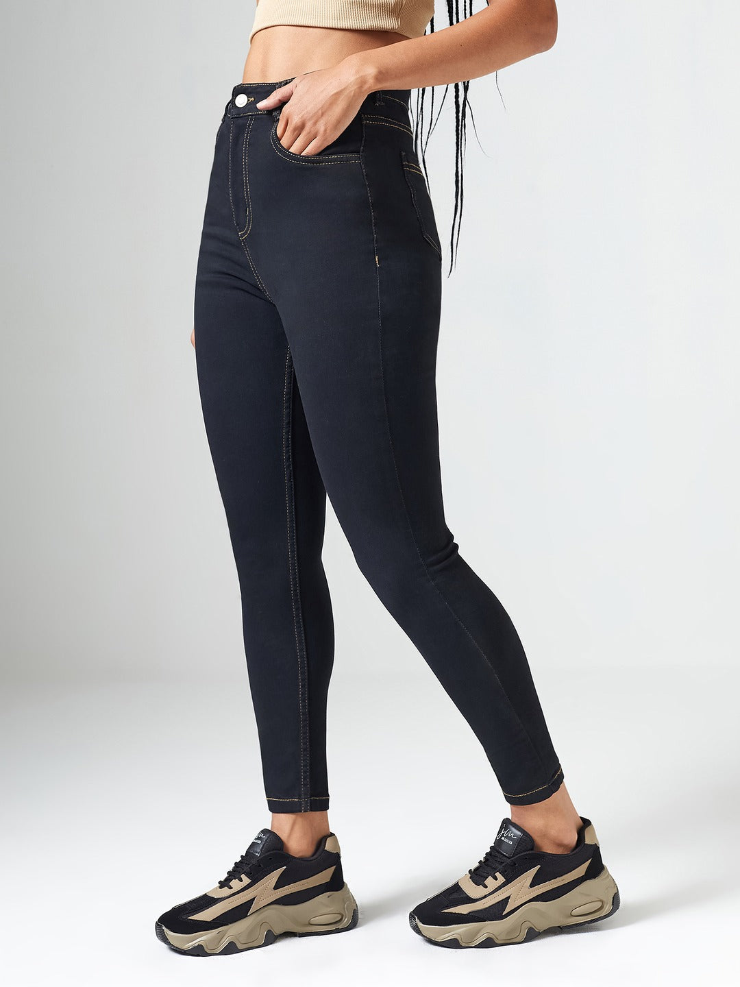 Black Skinny High Rise Clean Look Cropped Stretchable Denim Jeans for Women