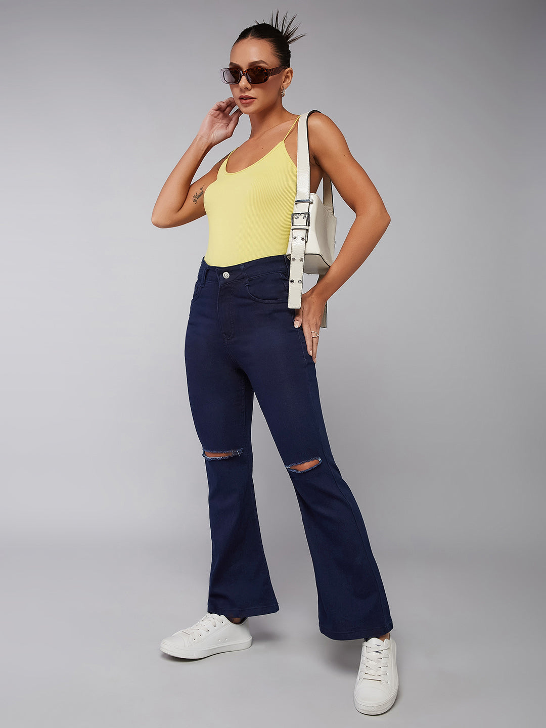 24/7 Comfort Navy-Blue Bell-Bottom Bootcut Hourglass High-Rise Stretchable Denim Jeans