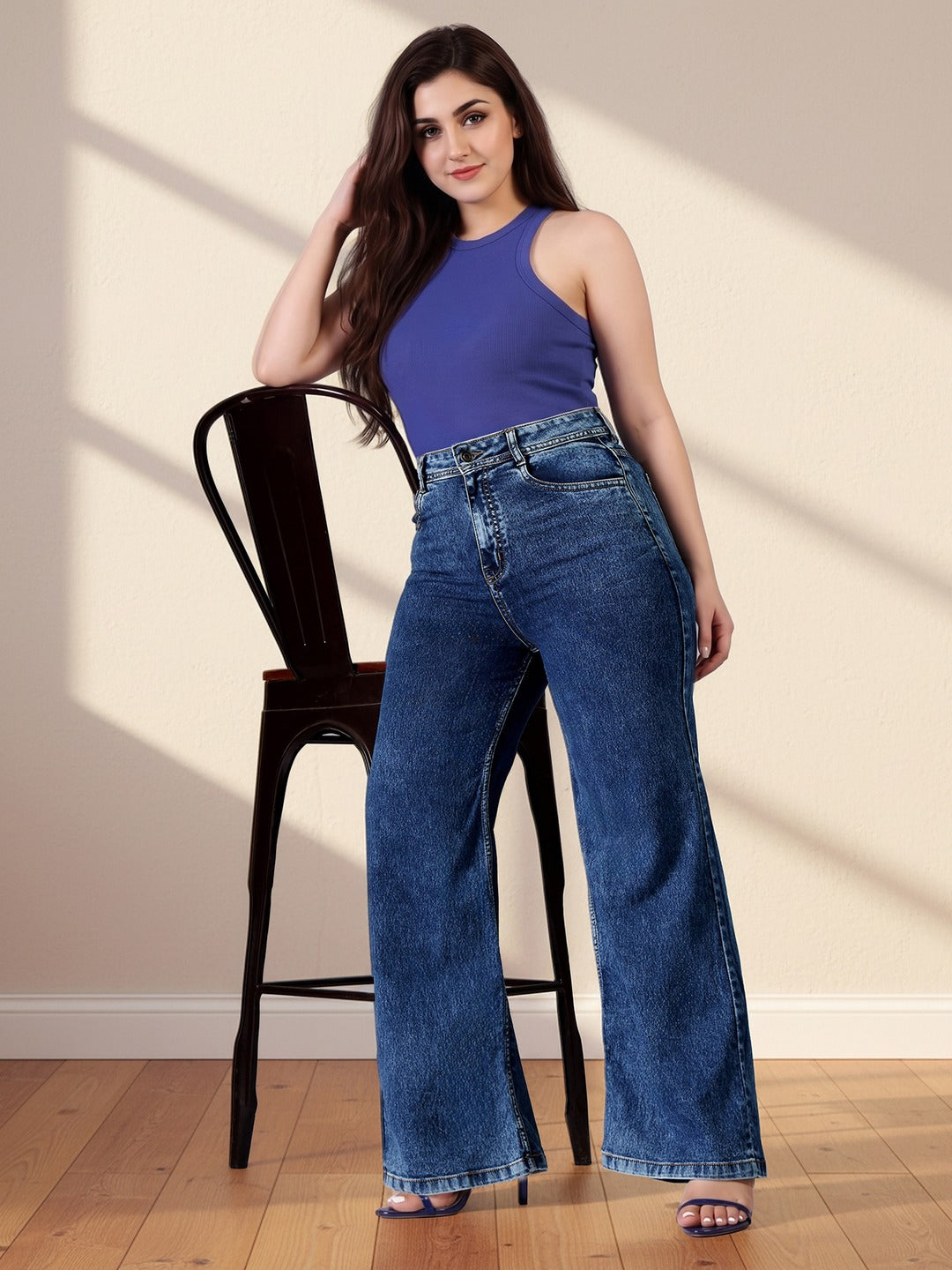 Mid Blue Wide-Leg High-Rise Stretchable Denim Jeans for Women