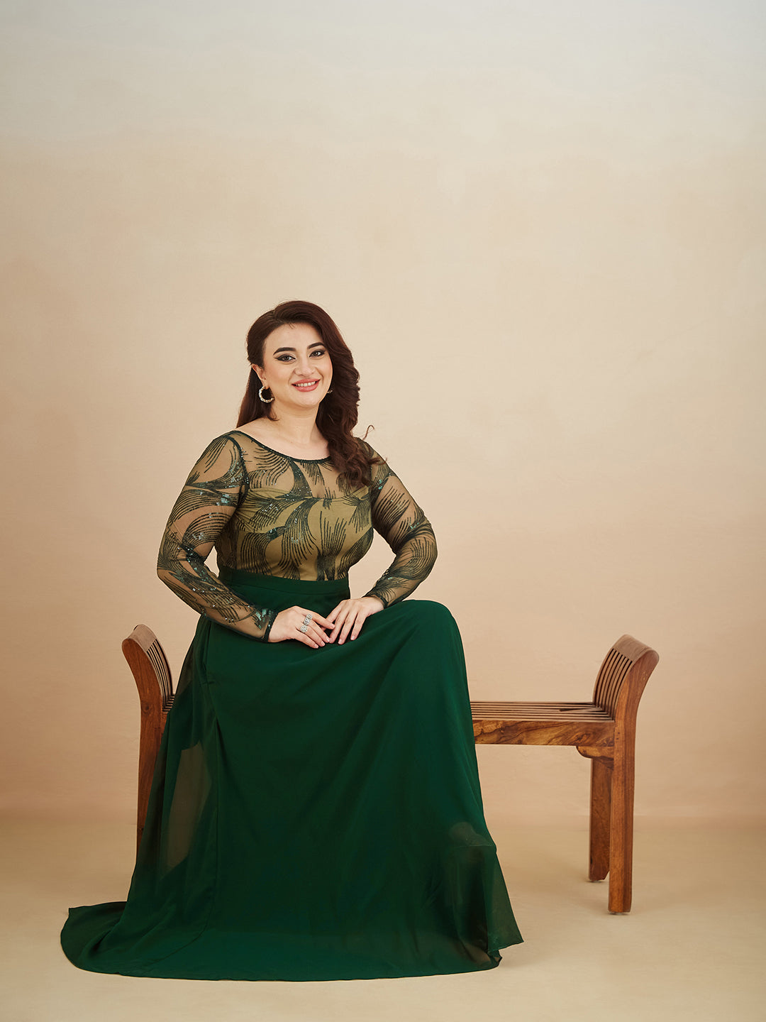 Green & Beige Solid Embellished Maxi Dress for Women