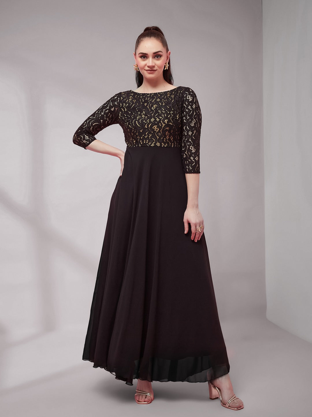Black Self Design Boat Neck 3/4 Sleeves Side Pocketed Georgette Fit and Flare Maxi Length Dress for Women