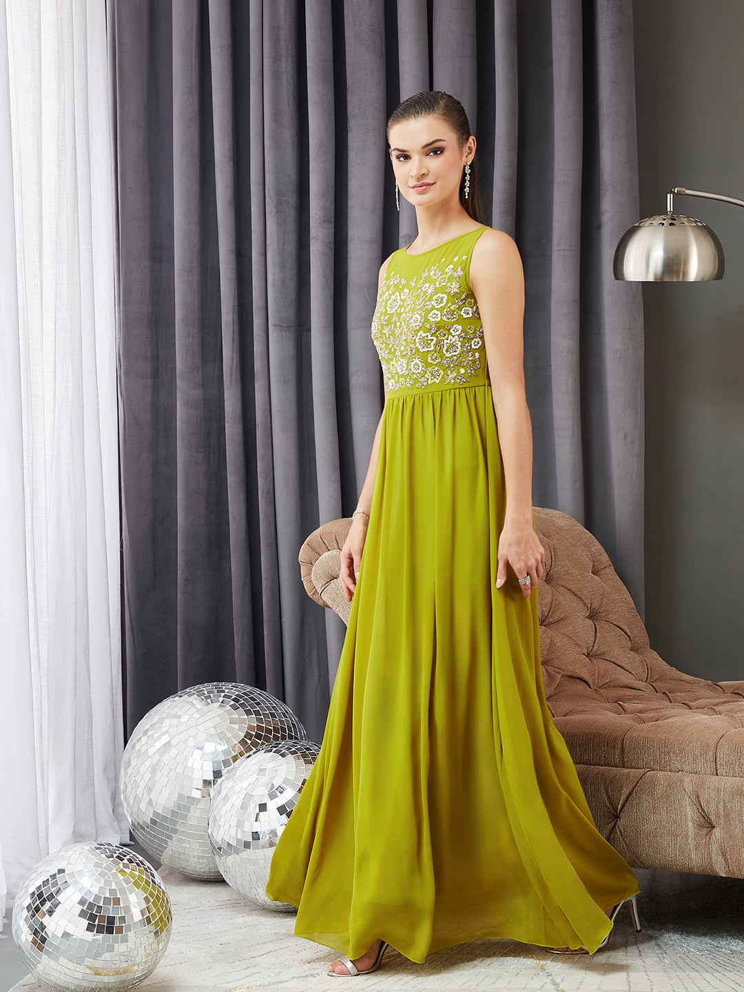 Women's Lemon Green Boat Neck Sleeveless Embroidered Georgette Gathered Maxi Dress