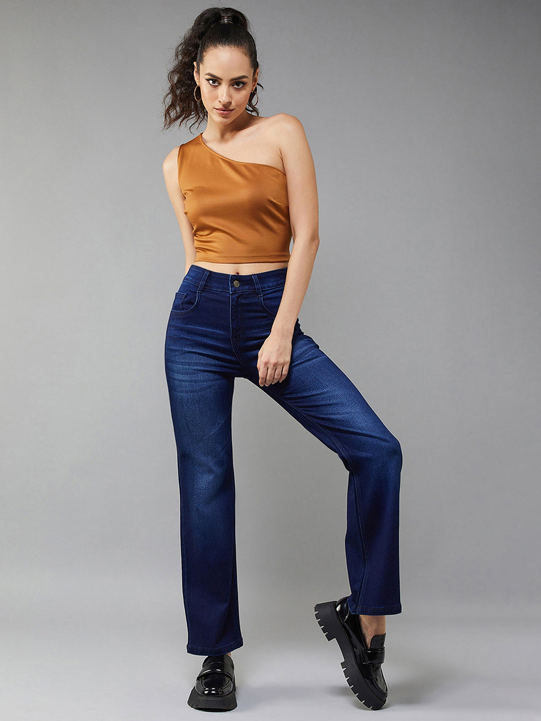 24/7 Comfort Navy-Blue Wide-Leg Mid-Rise Stretchable Denim Jeans