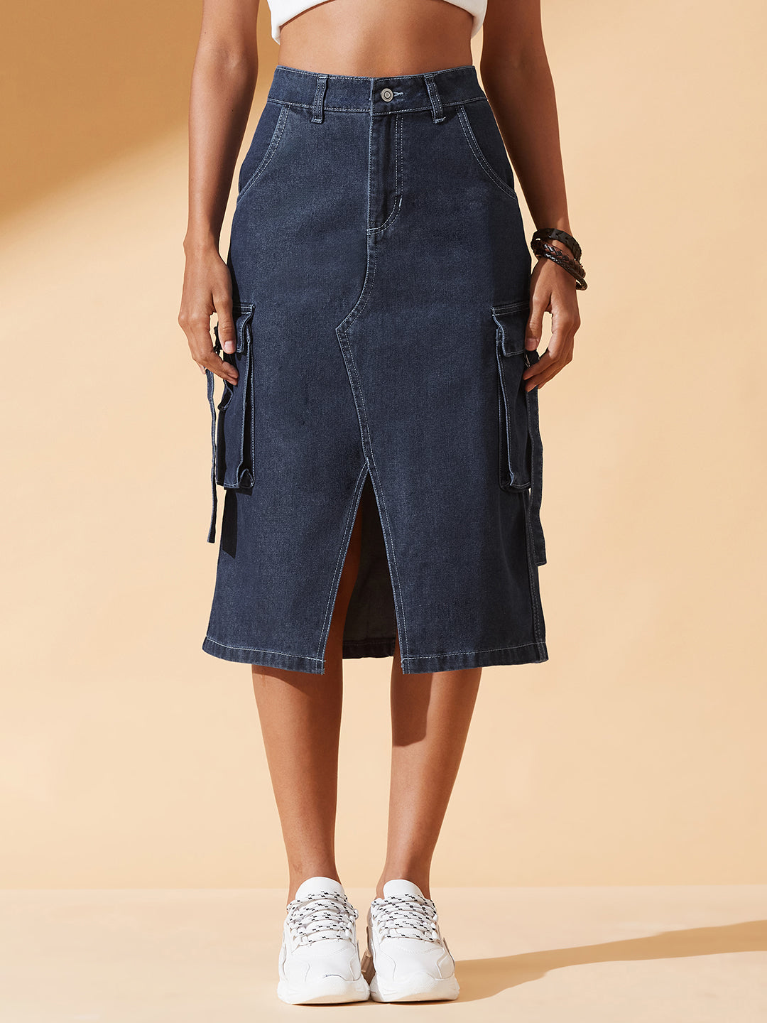 Navy Blue Straight High-Rise Midi Denim Skirt for Women
