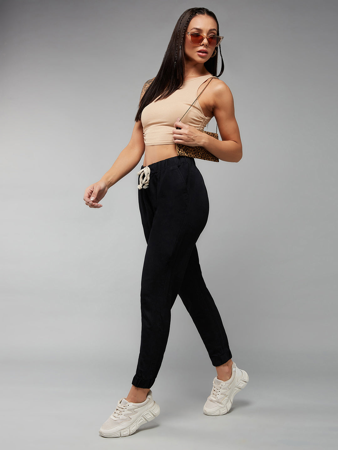 Women's Black Regular Length Mid Rise Clean-Look Regular Fit Denim Joggers