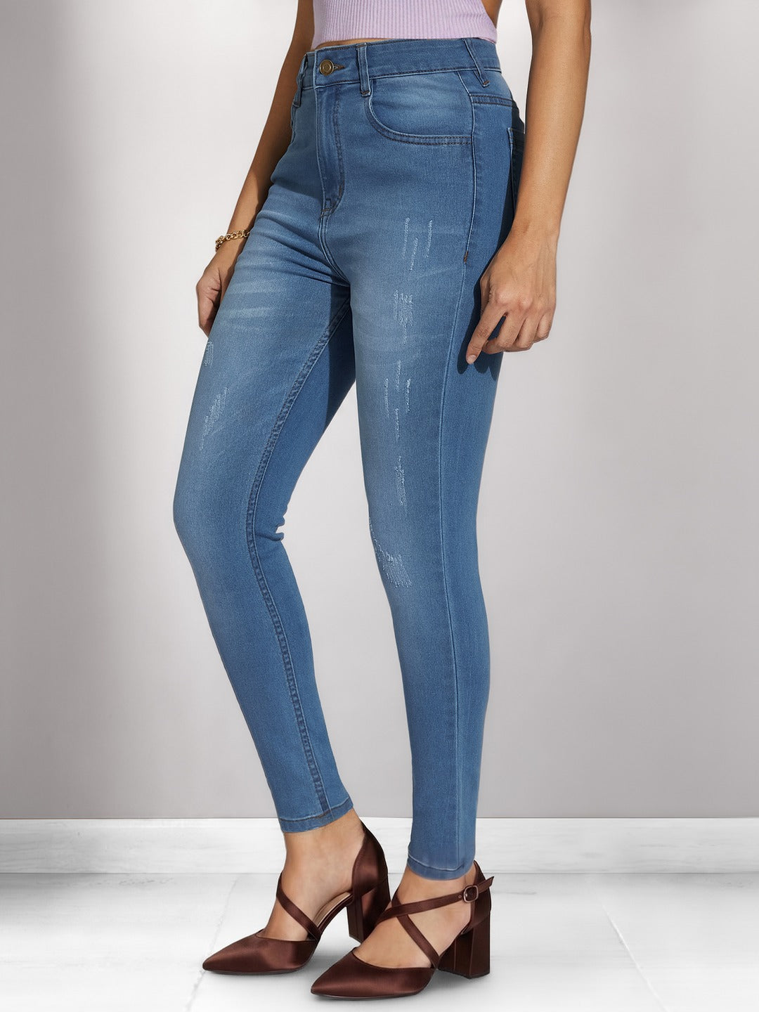 Blue Skinny High Rise Mild Distress Stretchable Denim Jeans for Women