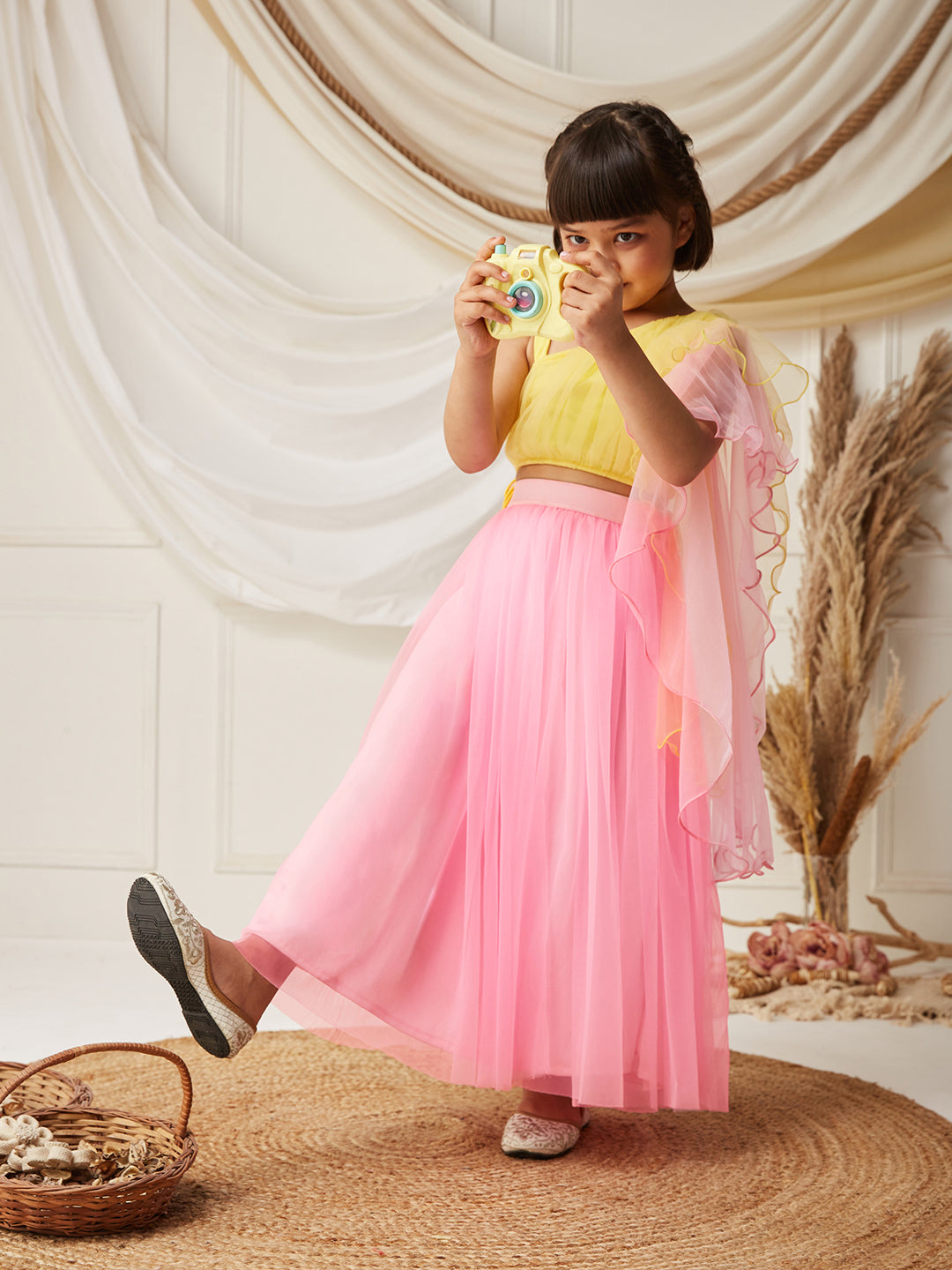 Yellow & Pink One Shoulder Ruffled Solid Tie-Up Midi Dress