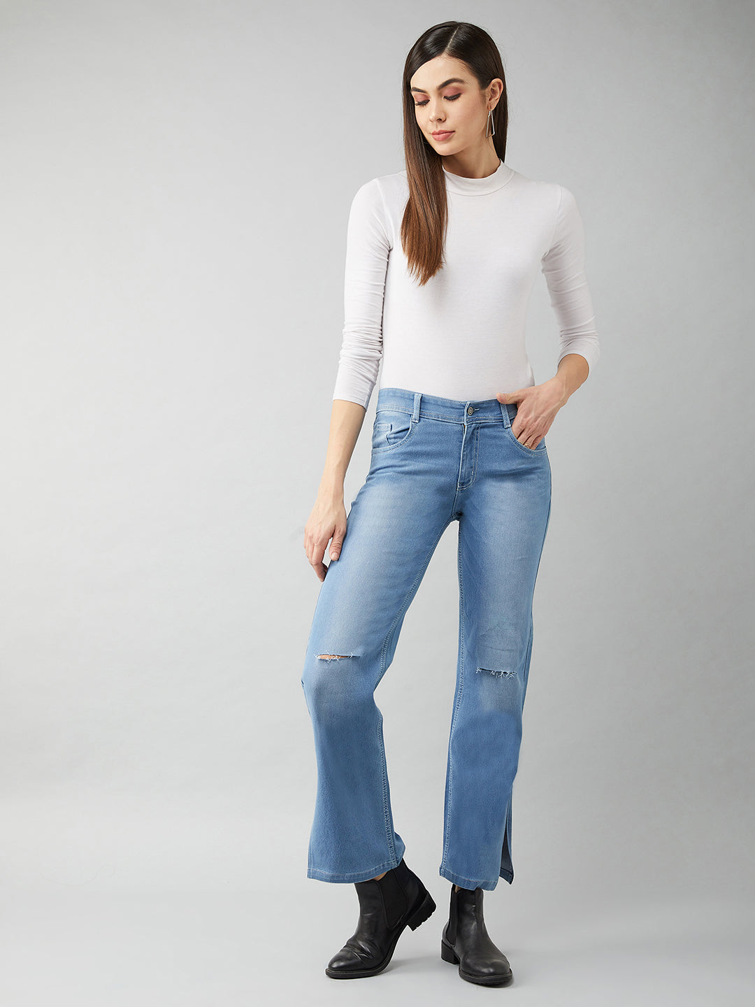 24/7 Comfort Blue Wide-Leg Relaxed Mid-Rise Stretchable Denim Jeans