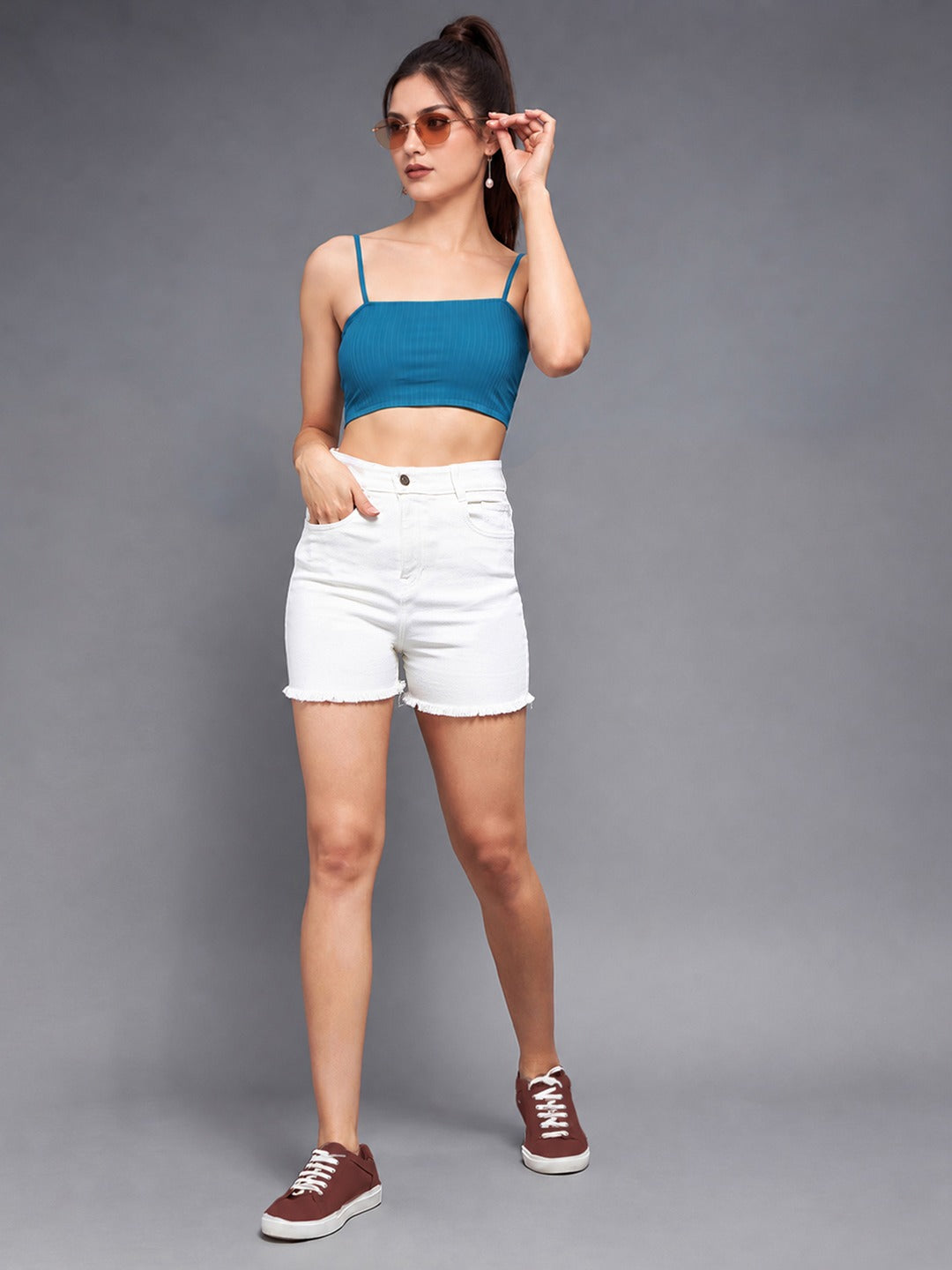 White High Rise Stretchable Denim Shorts for Women