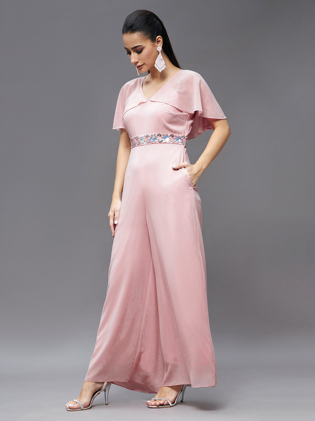 Women's Light Pink Georgette V-Neck Cape Solid Layered Regular Jumpsuit