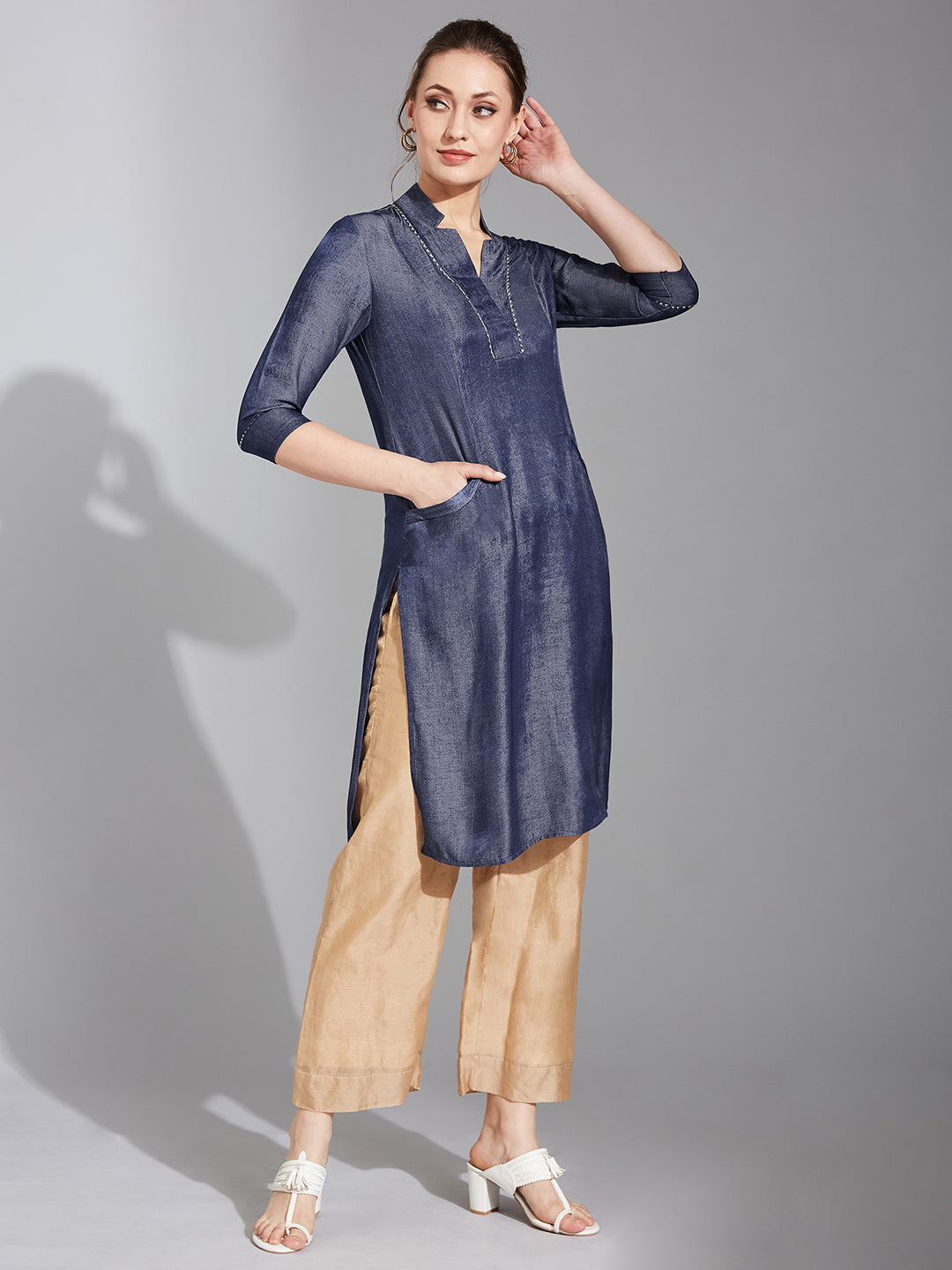 Women's Blue Stand Collar Three-Quarter Sleeve Solid Back Pleated Knee-Long Polyester Kurta