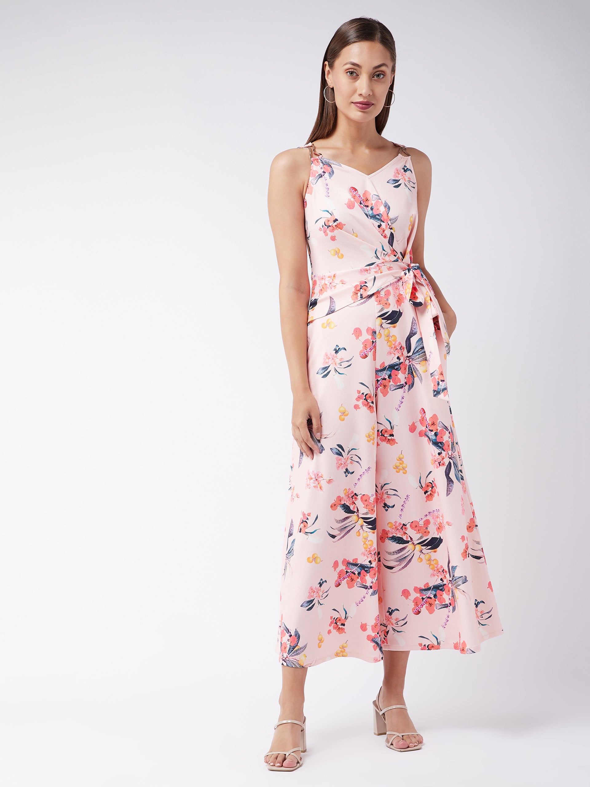 Crease Ease Women's Multicolored-Base-Peach V-Neck Sleeveless Floral Wrap/Wide-Leg Regular Jumpsuit