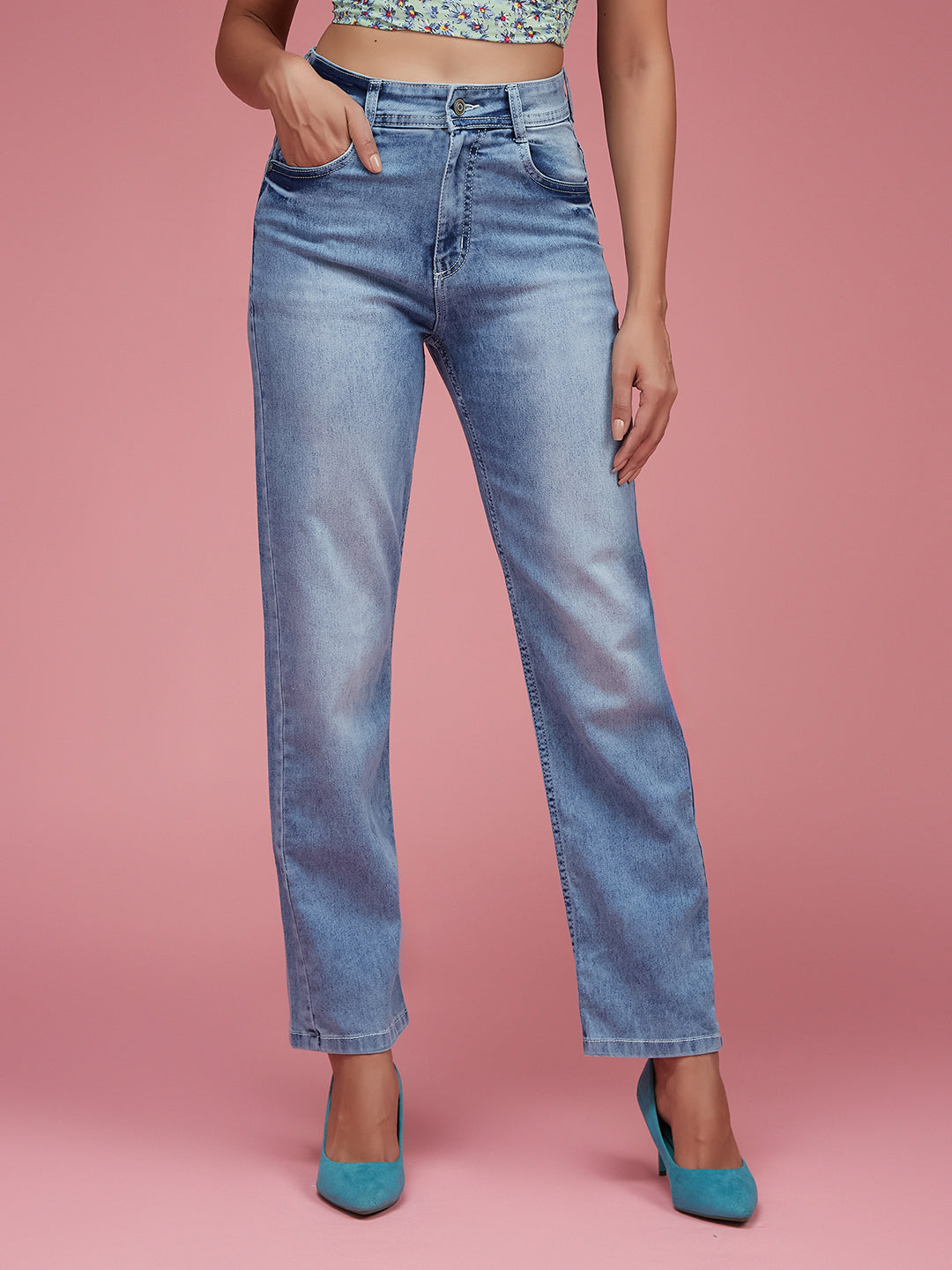 24/7 Comfort Light Blue Wide-Leg Fit High-Rise Stretchable Denim Jeans