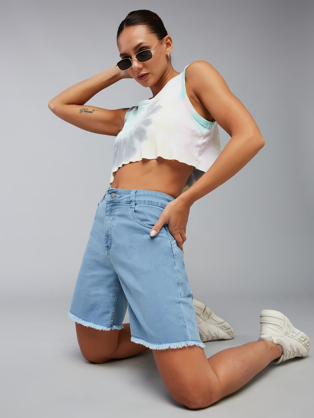 Light-Blue Regular High-Rise Above Knee Stretchable Denim Shorts for Women
