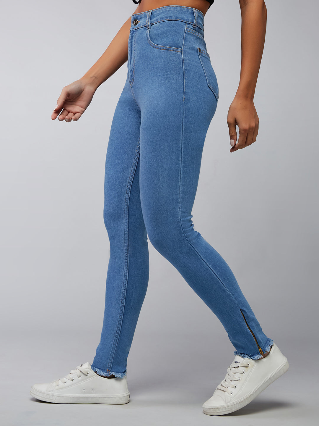 24/7 Comfort Mid-Blue Skinny-Fit High-Rise Fringe And Side Zipper Detailing Cropped Denim Jeans for Women