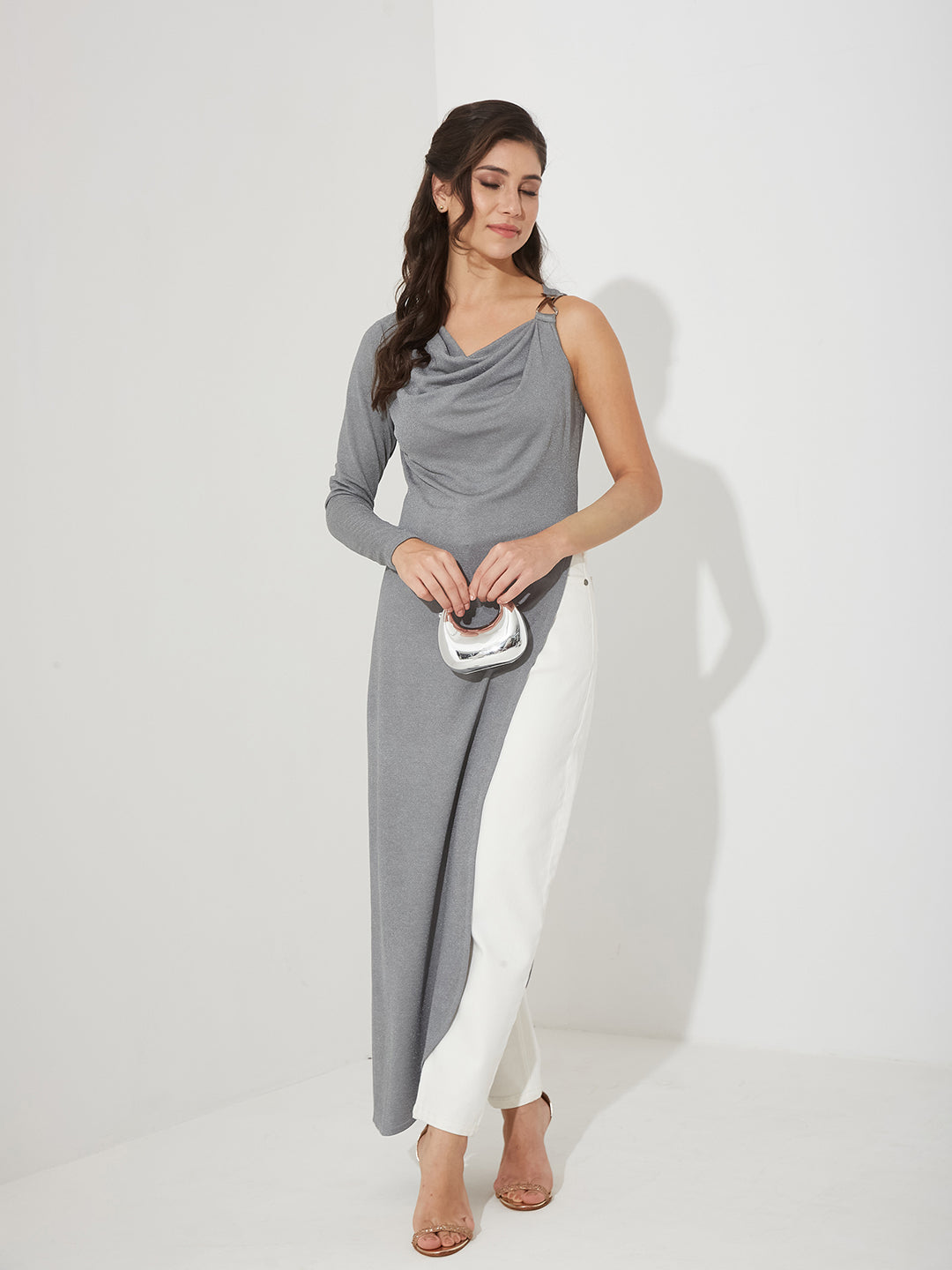 Women’s Grey Asymmetric Cowl Full-Sleeved Solid Asymmetric Maxi Polyester Top for Women