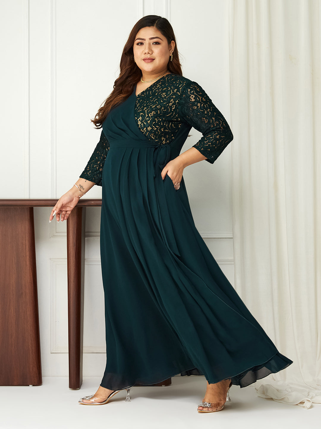 Teal V-Neck 3/4 Sleeve Self-Designed Wrap-Styled Georgette Maxi Dress for Women