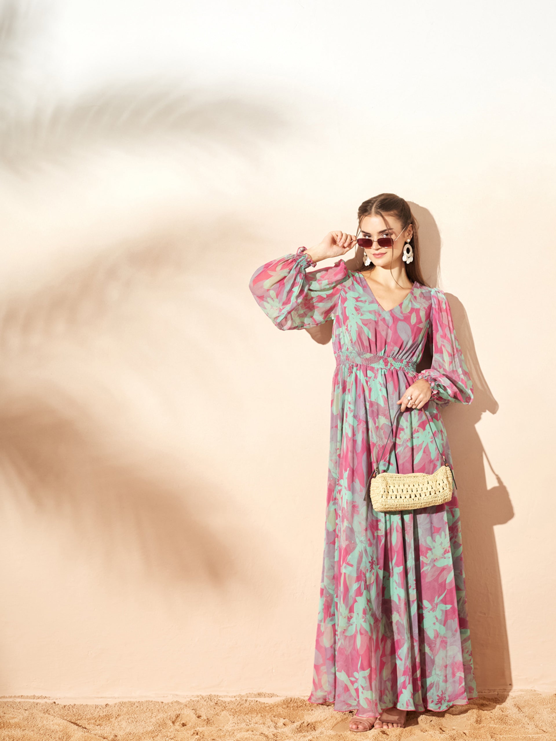 Pink & Mint Full Sleeves Floral Printed Fit and Flare Dress for Women