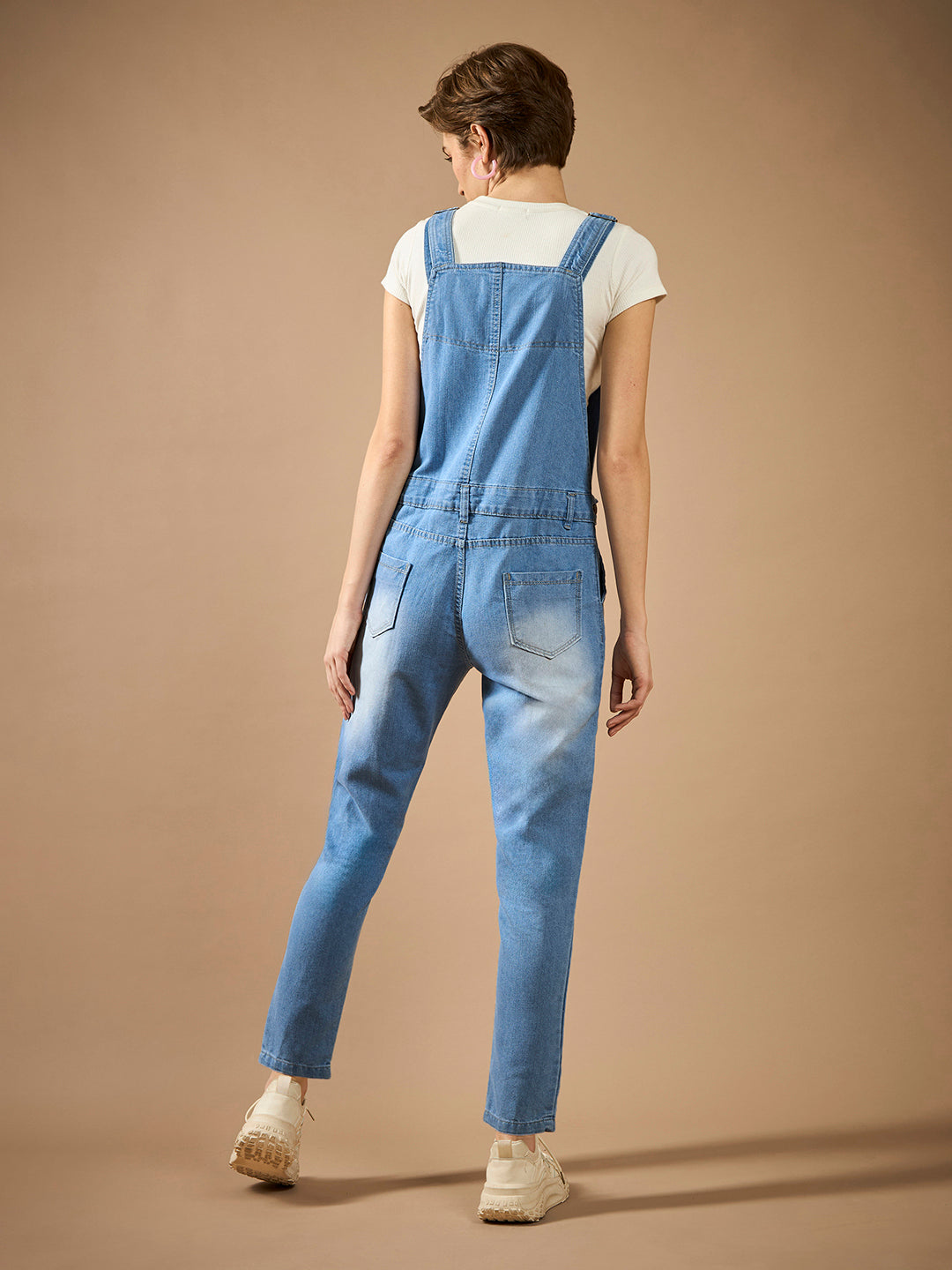 Women's Light Blue Regular Fit Mid-Rise Regular-Length Ripped Denim Dungaree