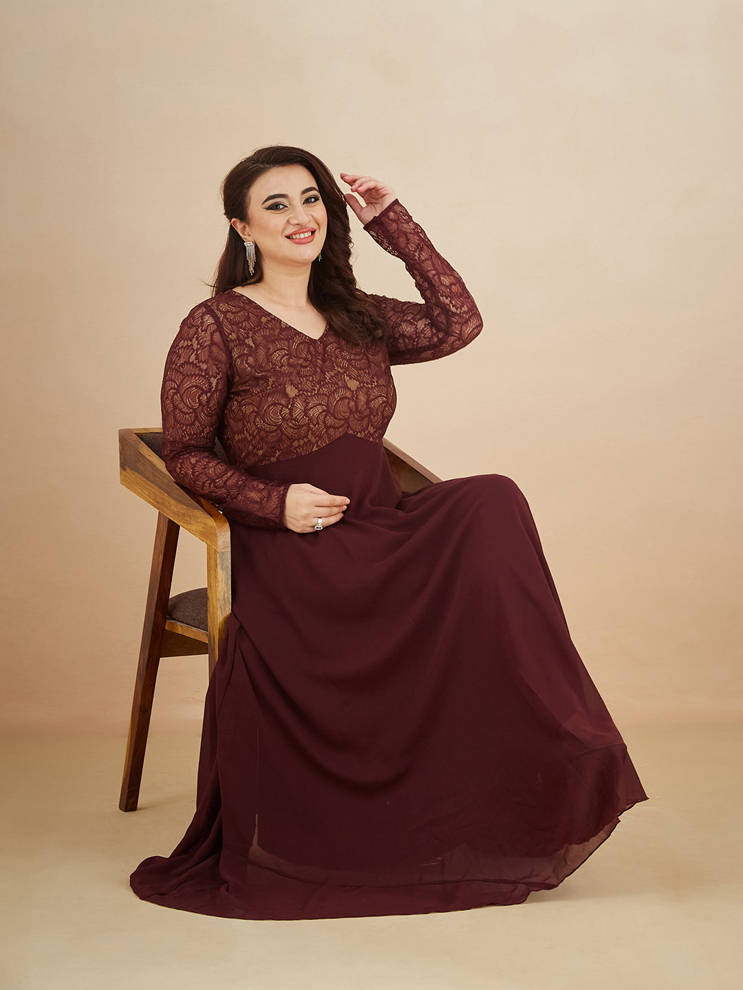 Wine V-Neck Full Sleeve Self Design Lace-Overlaid Georgette Maxi Dress for Women