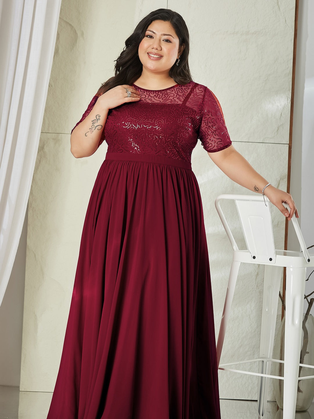 Maaroon Relaxed Fit Maxi Georgette & Sequins Dress for Women