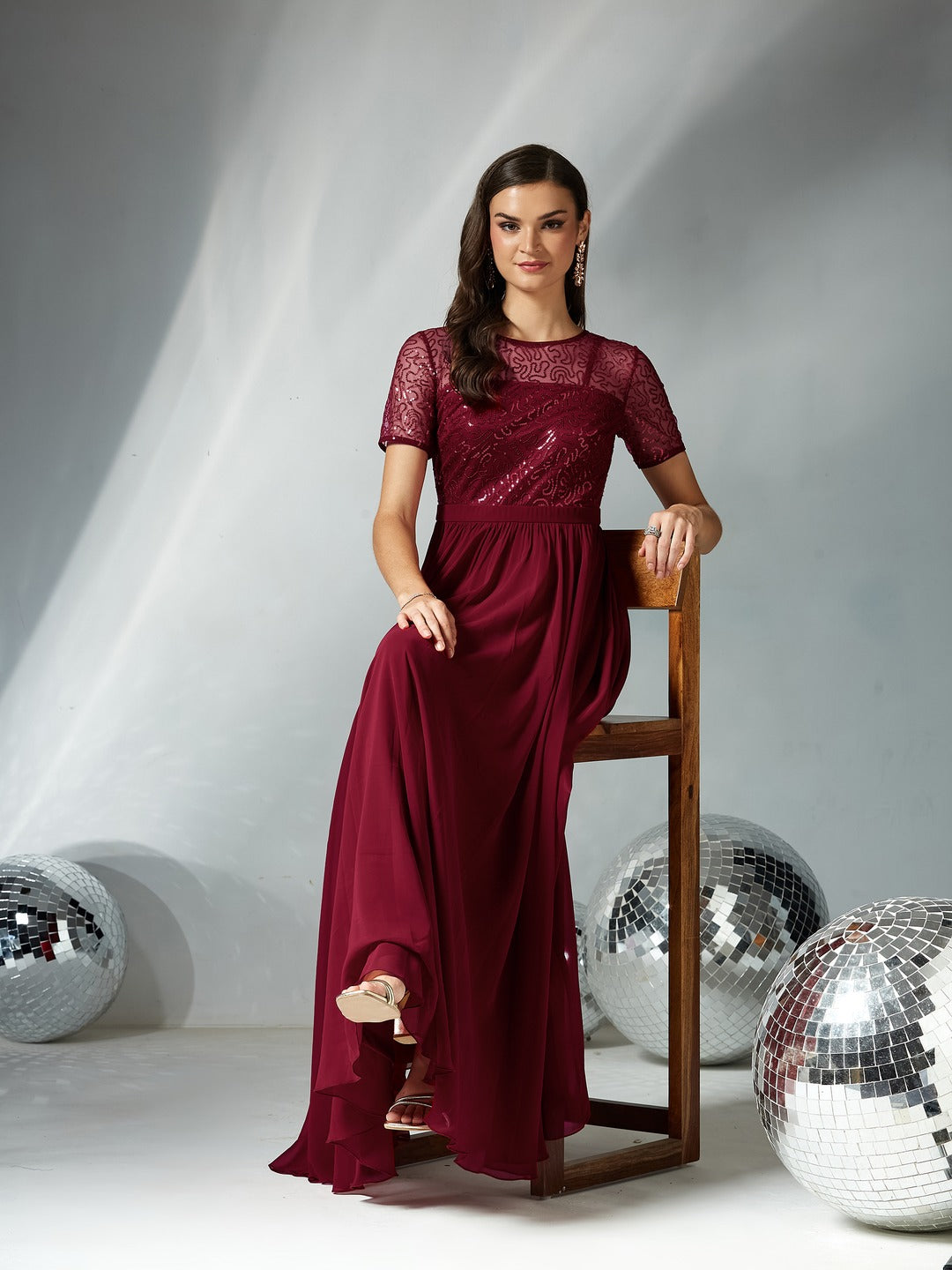 Maroon Relaxed Fit Maxi Georgette & Sequins Dress for Women