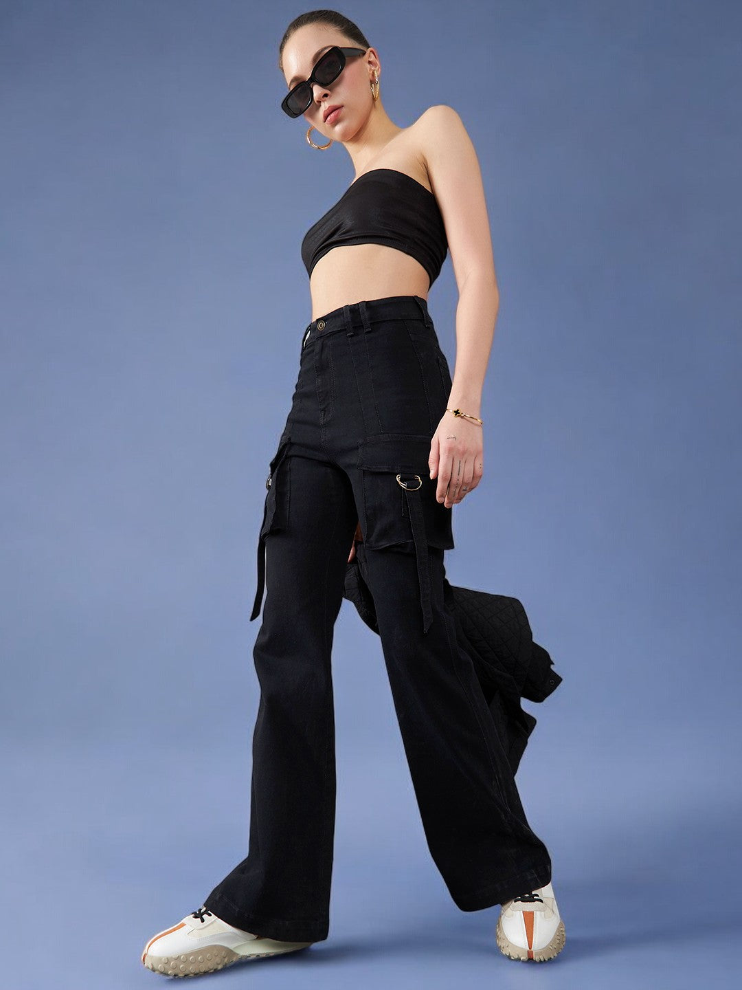 24/7 Comfort Black Bell-Bottom Bootcut High-Rise Stretchable Denim Jeans