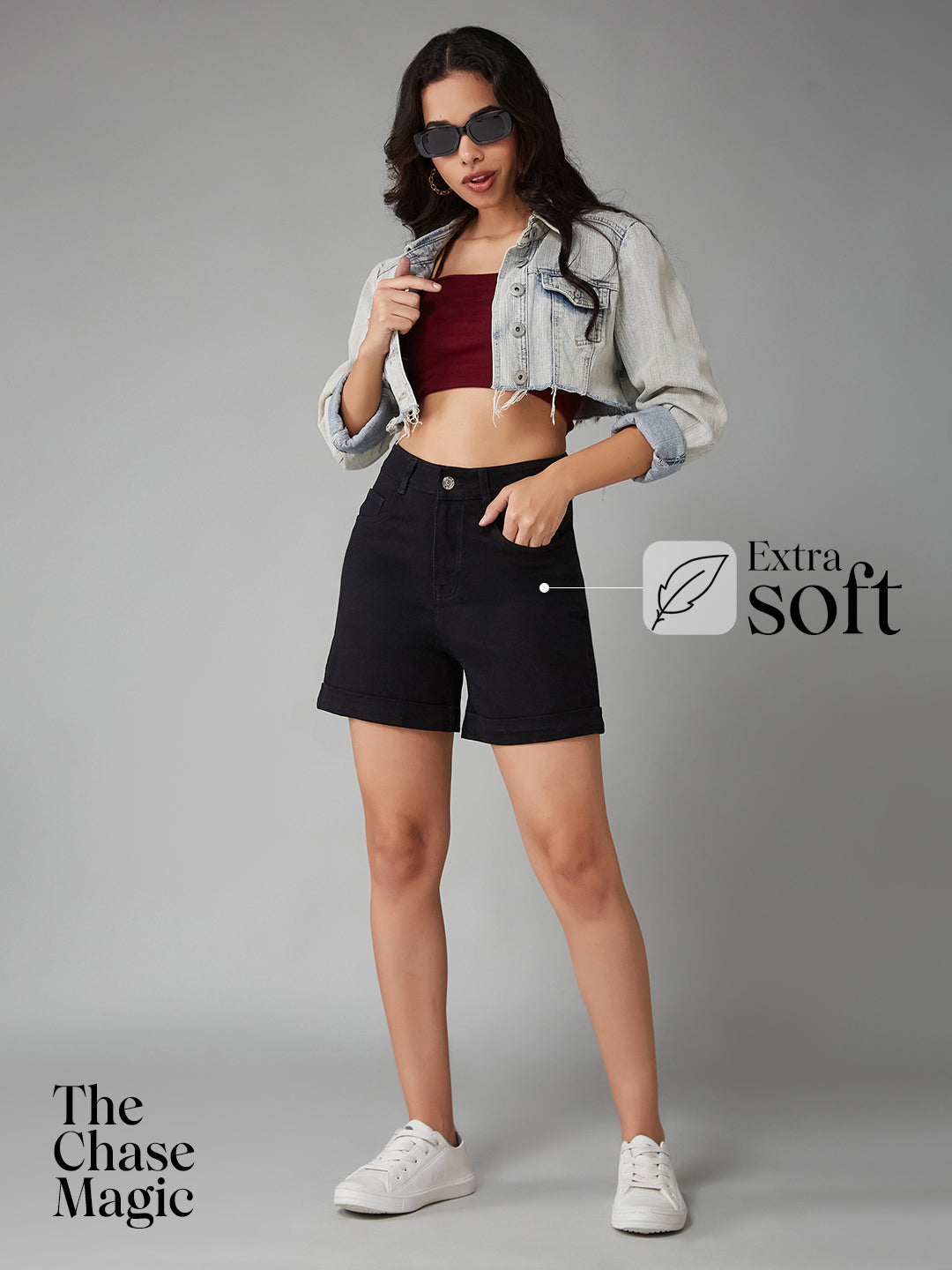 Black Flared High-Rise Clean-Look Regular Stretchable Denim Shorts for Women