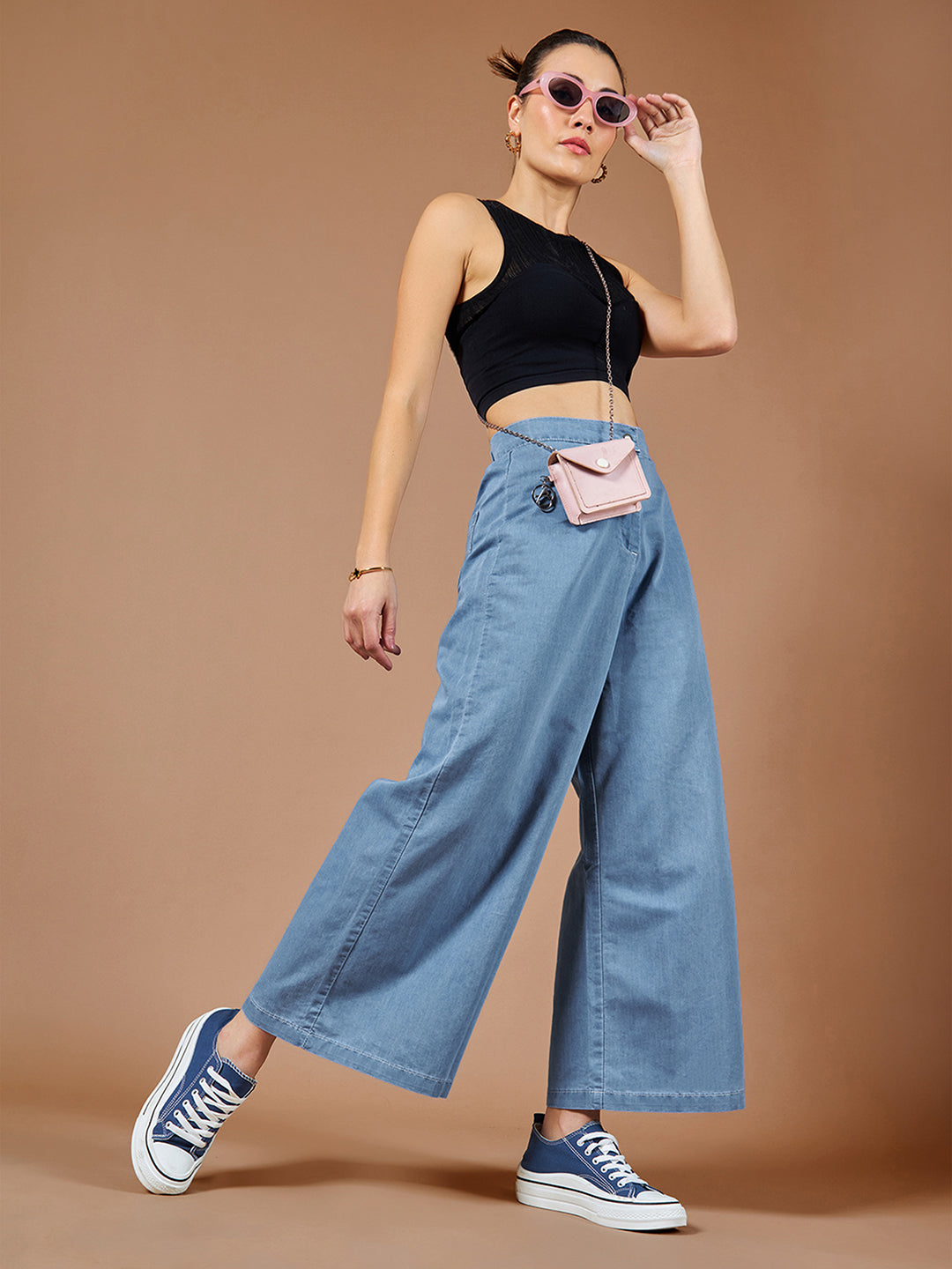 Women's Blue Flared Wide-Leg High-Rise Non Stretchable Denim Culottes Pants