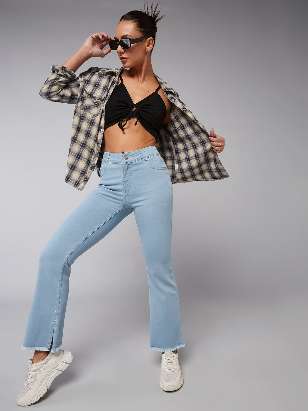 24/7 Comfort Light Blue Bell-Bottom Semi-Bootcut High-Rise Cropped Stretchable Denim Jeans
