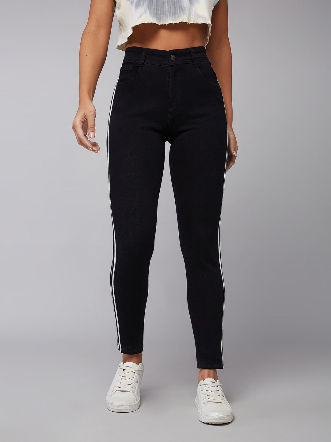 24/7 Comfort Black Slim-Fit Mid-Rise Twill Tape Detailing Crop Length Stretchable Denim Jeans