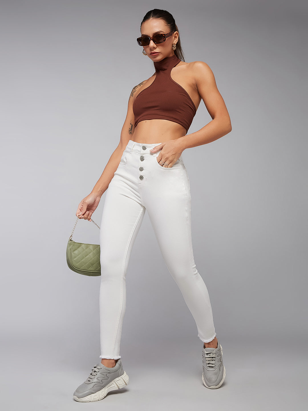Women's White Skinny-Fit High-Rise Cropped Raw Edge Detailing Stretchable Denim Jeans