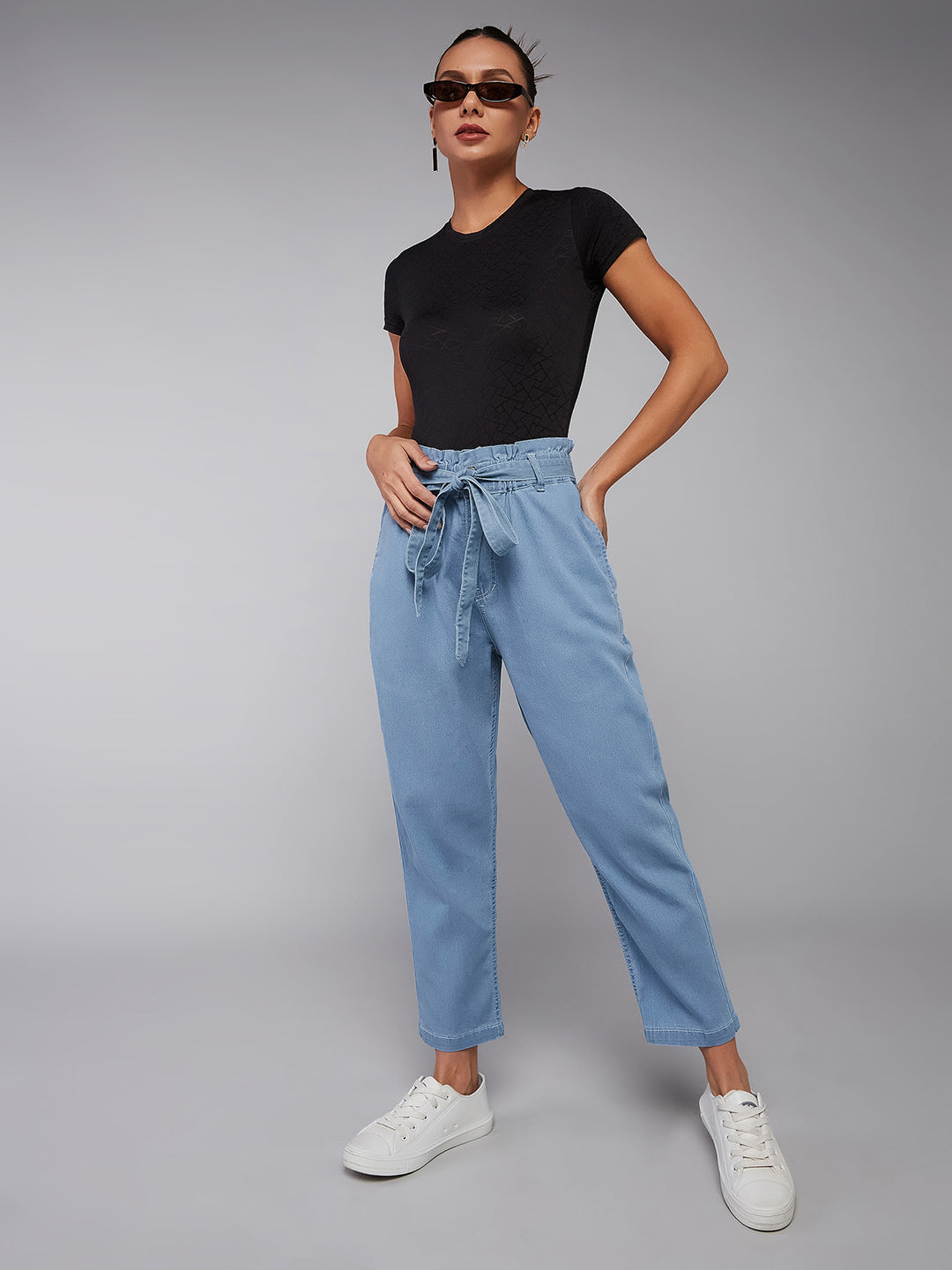 Women's Light Blue Paperbag High-Rise Stretchable Denim Jeans